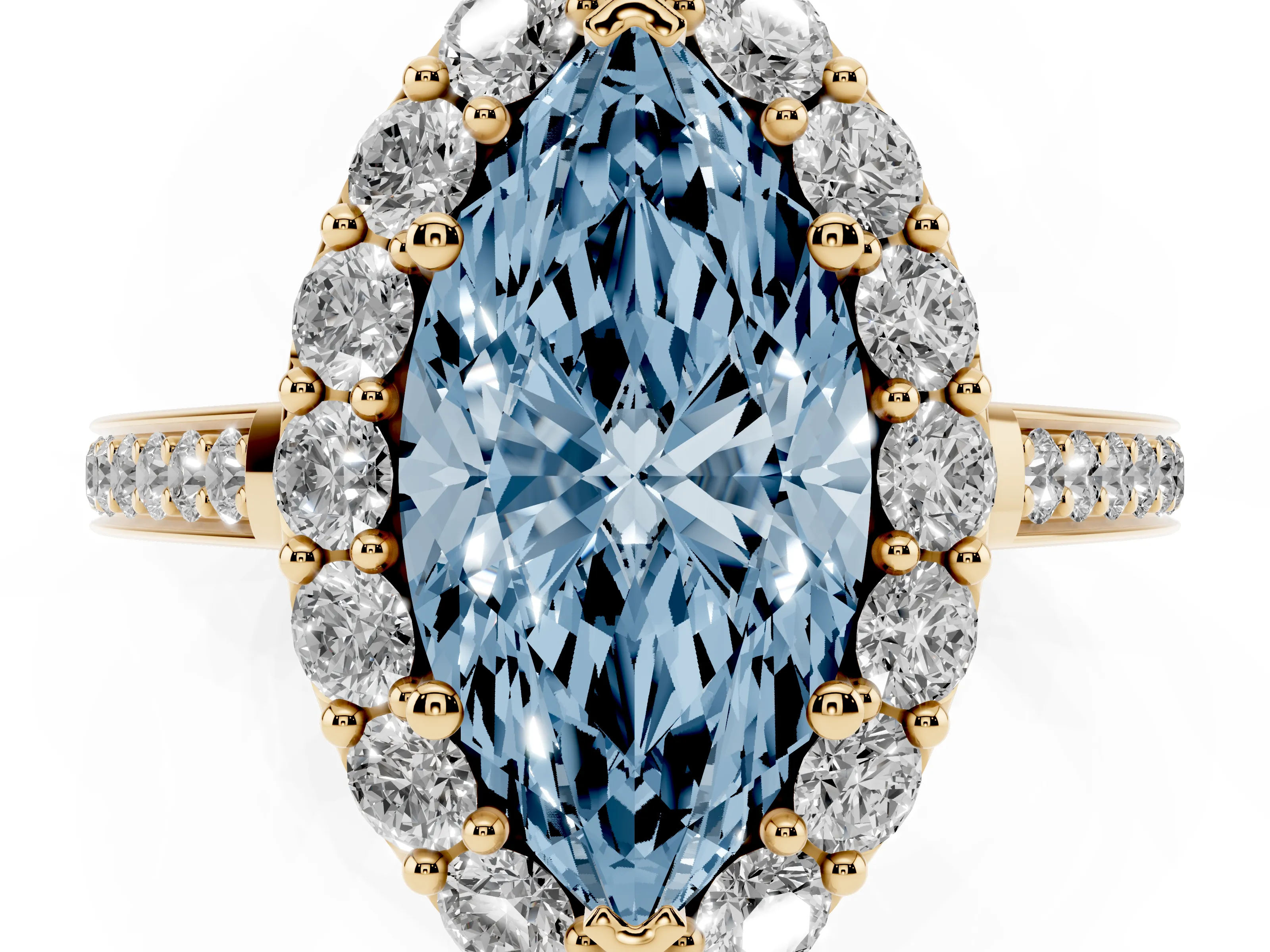 Fancy Blue Marquise Cut Diamond Floral Halo Ring Set in Yellow gold with Pavé Band and Prong Setting
