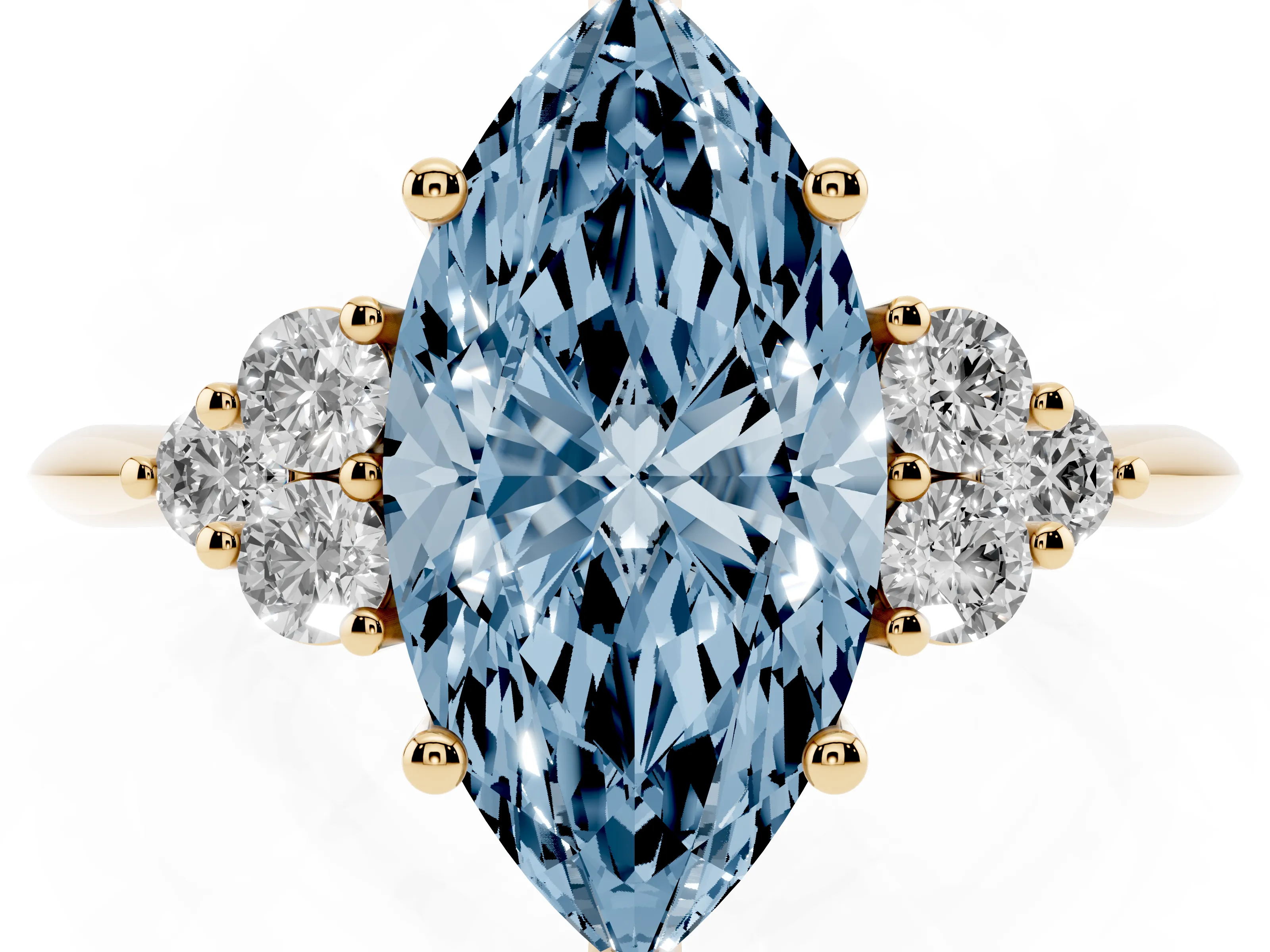 Fancy Blue Marquise Cut Diamond Cluster Ring Set in Yellow gold with Plain Band and Prong Setting