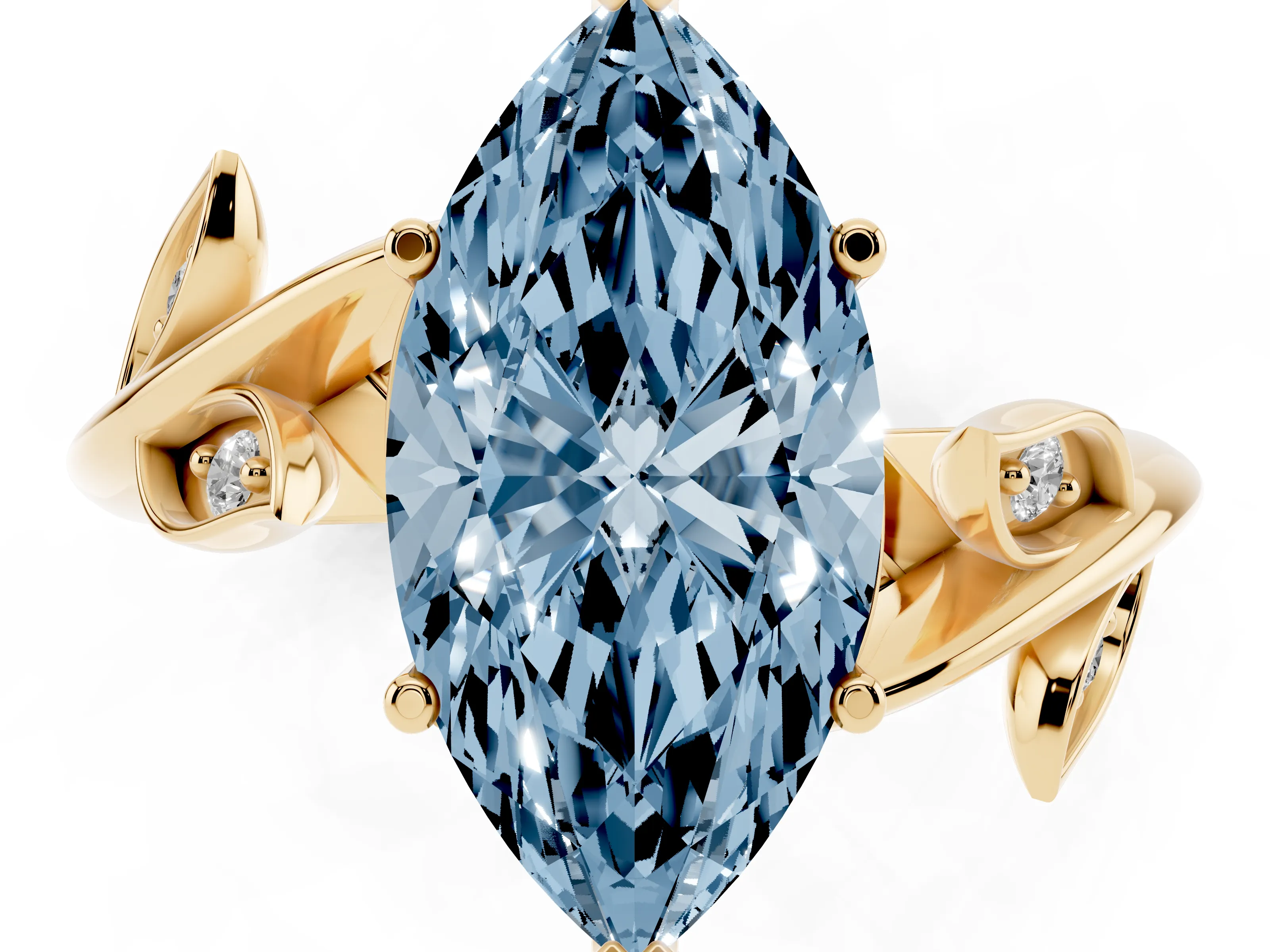 Fancy Blue Marquise Cut Diamond Solitaire Twist Engagement Ring Set in Yellow gold with Pavé Leaf Accents