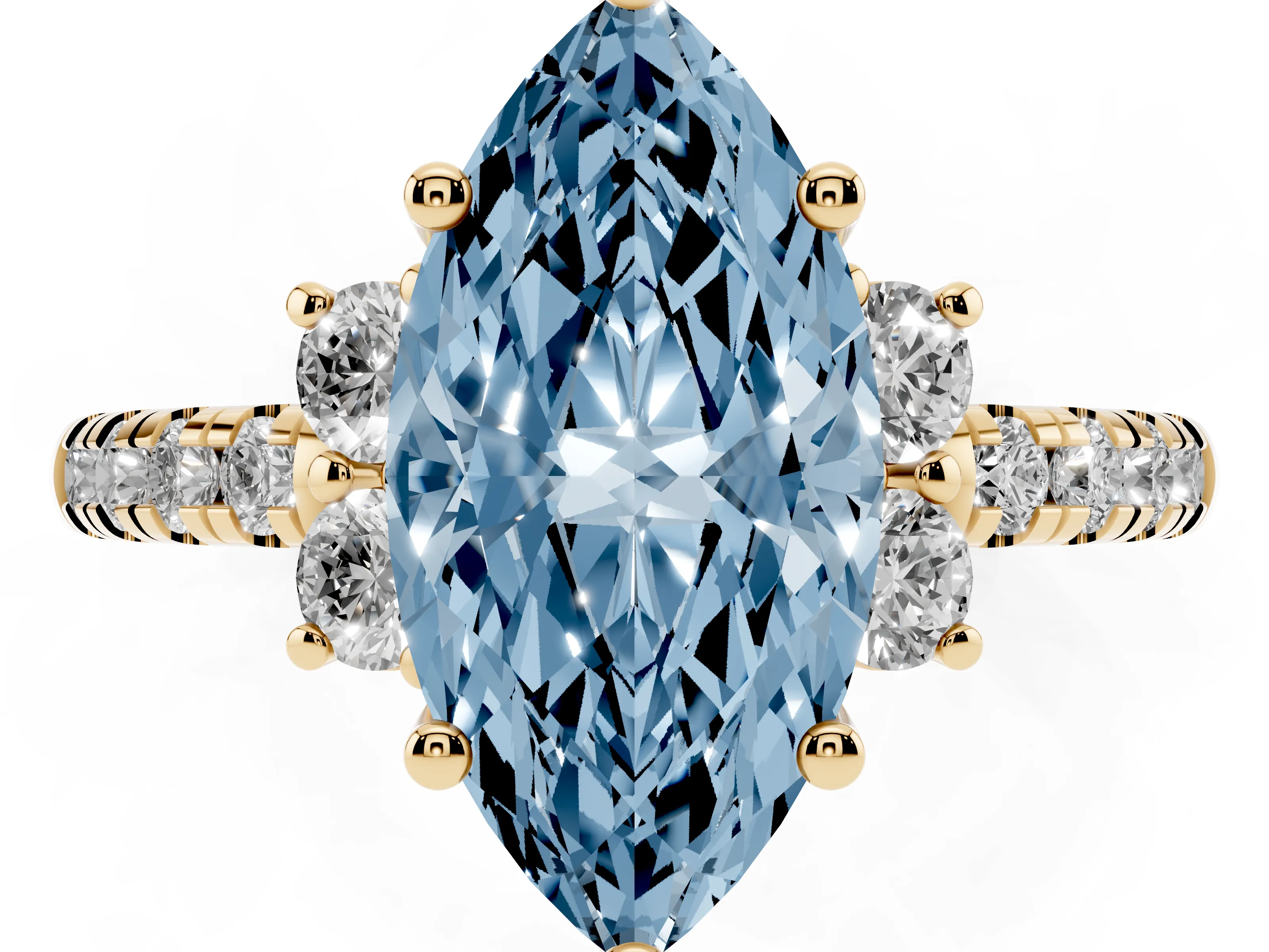Fancy Blue Marquise Cut Diamond Three-Stone Pavé Ring Set in Yellow gold with Prong Setting