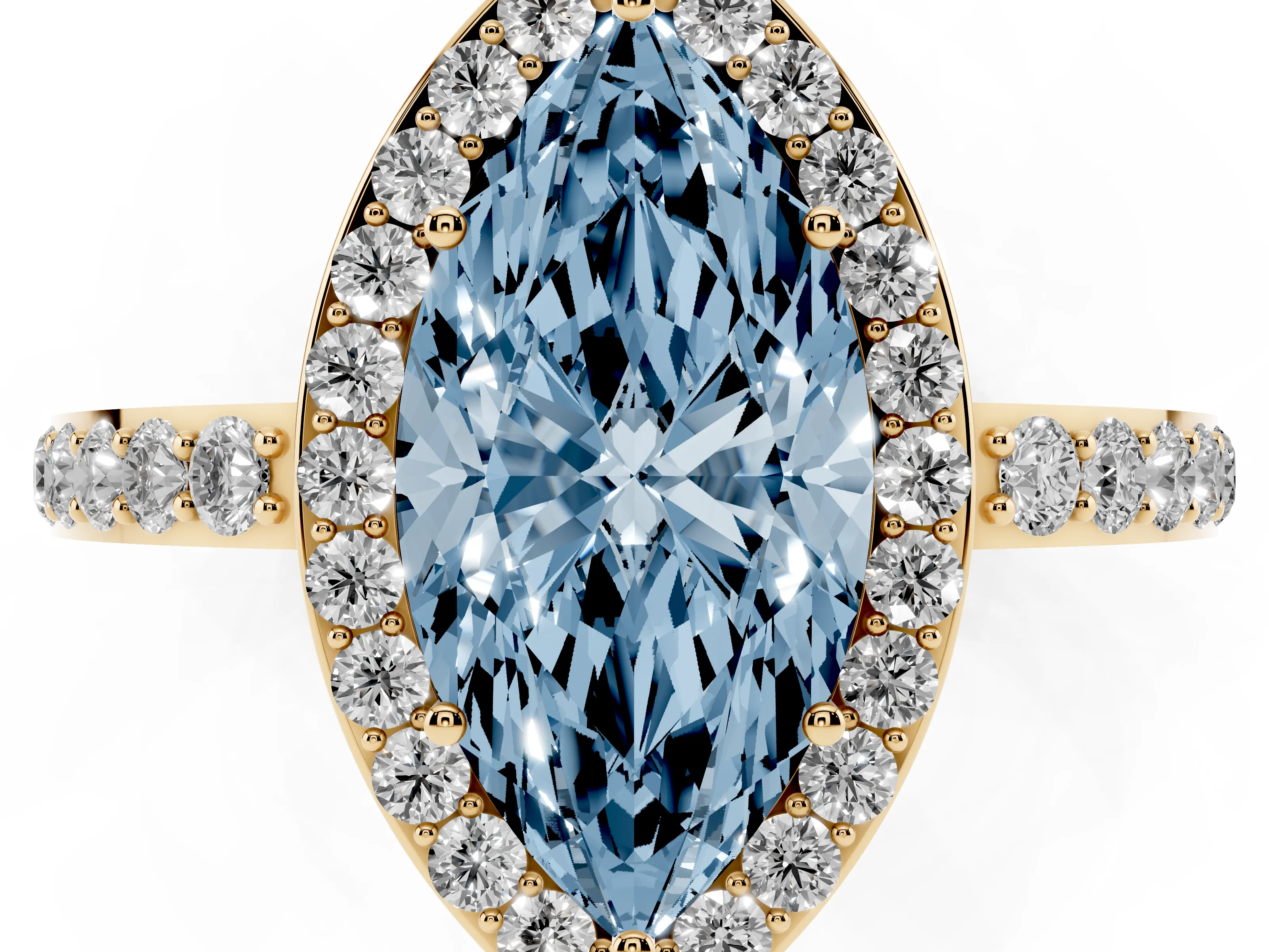 Fancy Blue Marquise Cut Diamond Halo Ring Set in Yellow gold with Pavé-Setting Band and Open Prong Center