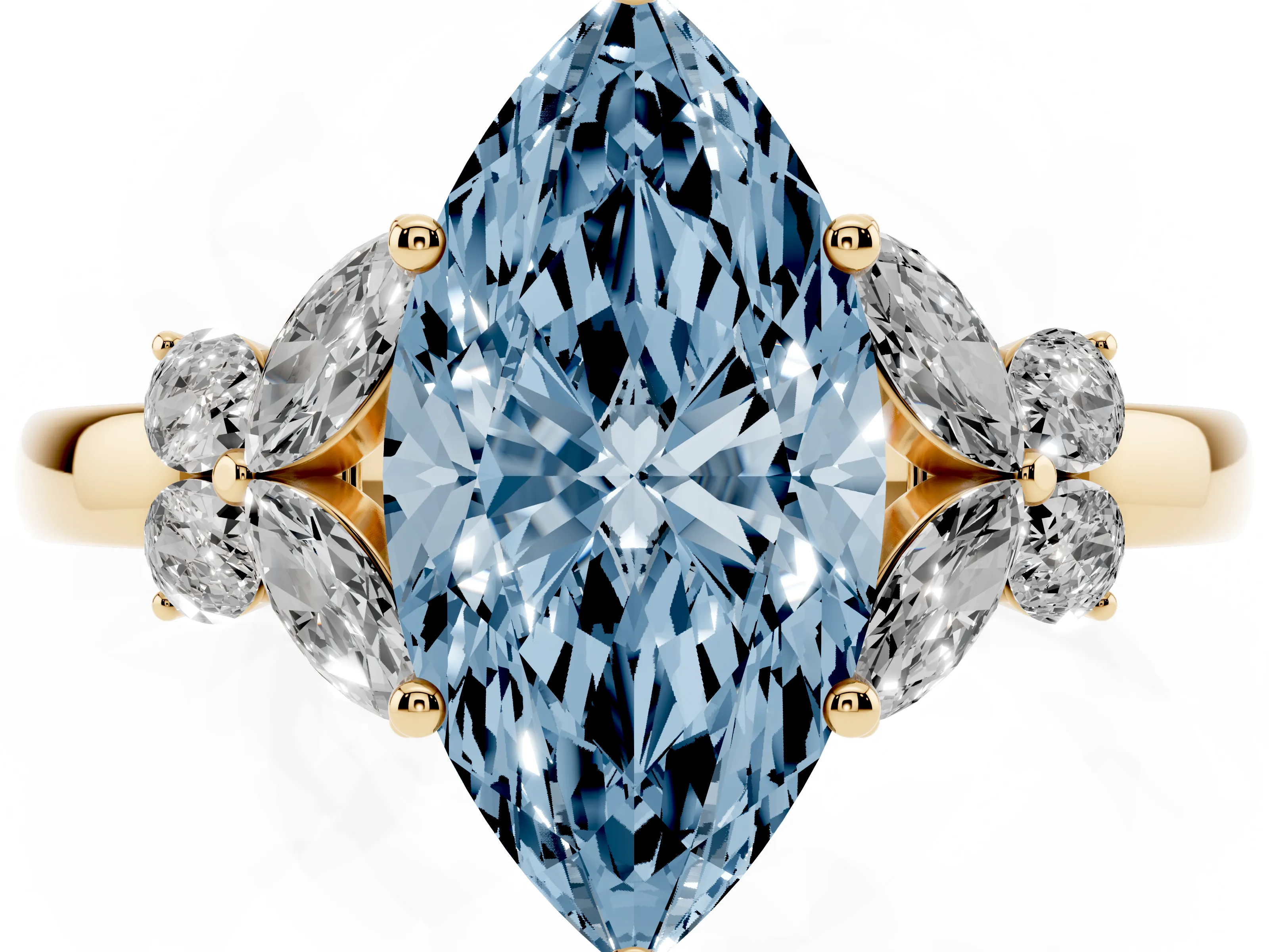 Fancy Blue Marquise Cut Diamond Solitaire Floral Ring Set in Yellow gold with Marquise Petals and Prong Setting