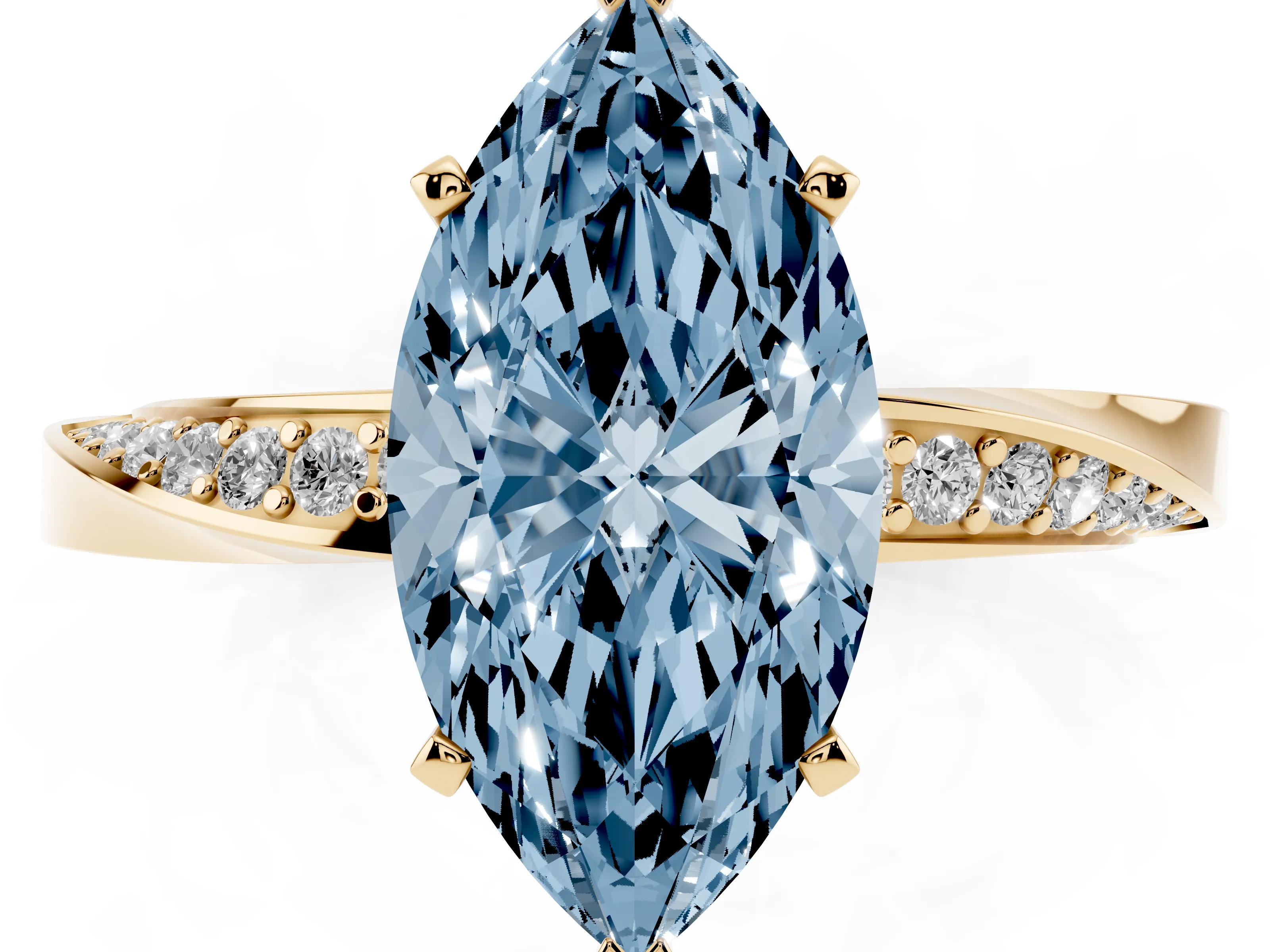 Fancy Blue Marquise Cut Diamond Engagement Ring Set in Yellow gold with Side Stone Accents and Prong Setting