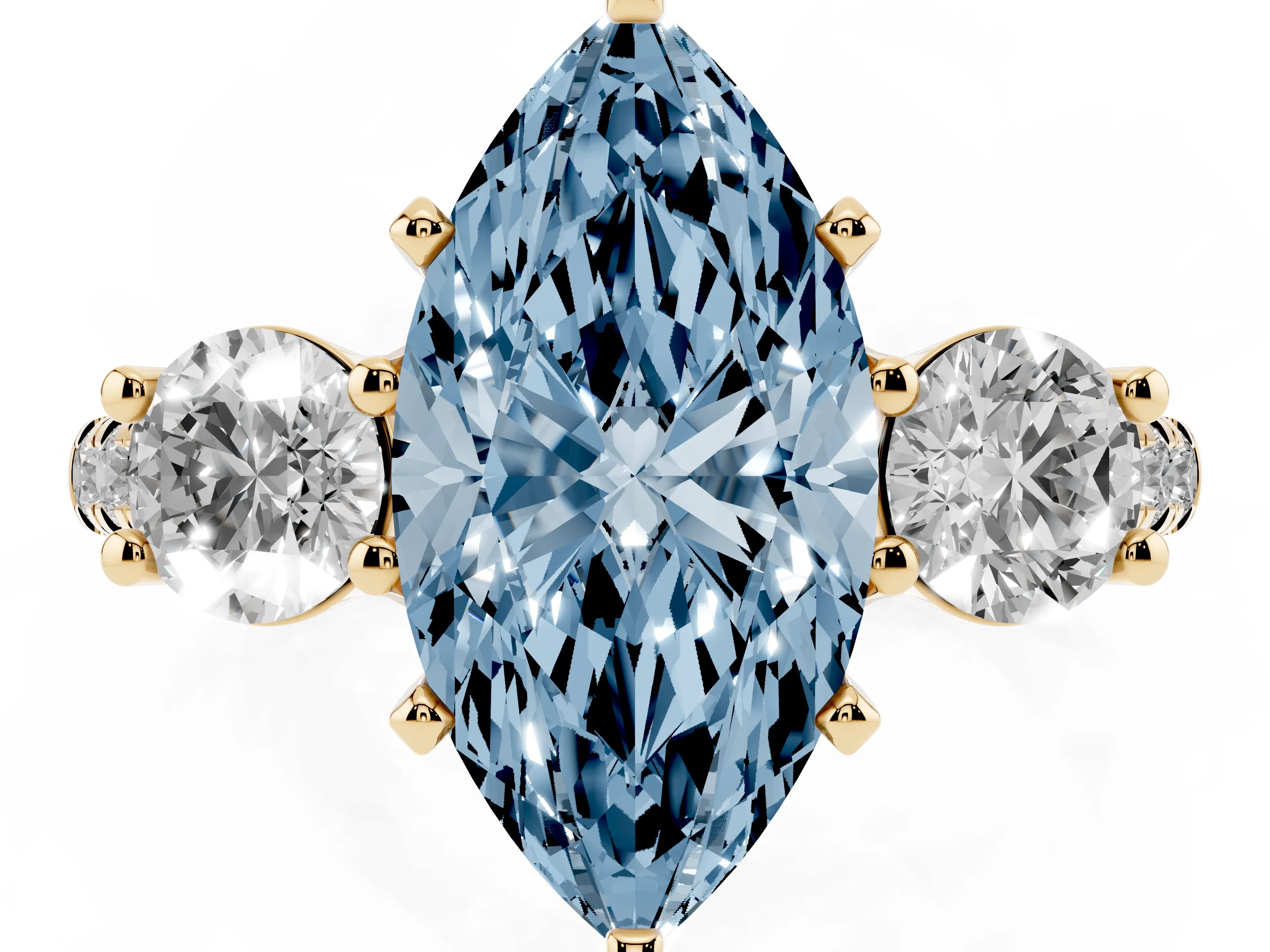 Fancy Blue Three-Stone Marquise Cut Diamond Pavé Band Ring Set in Yellow gold with Prong-Set Trio