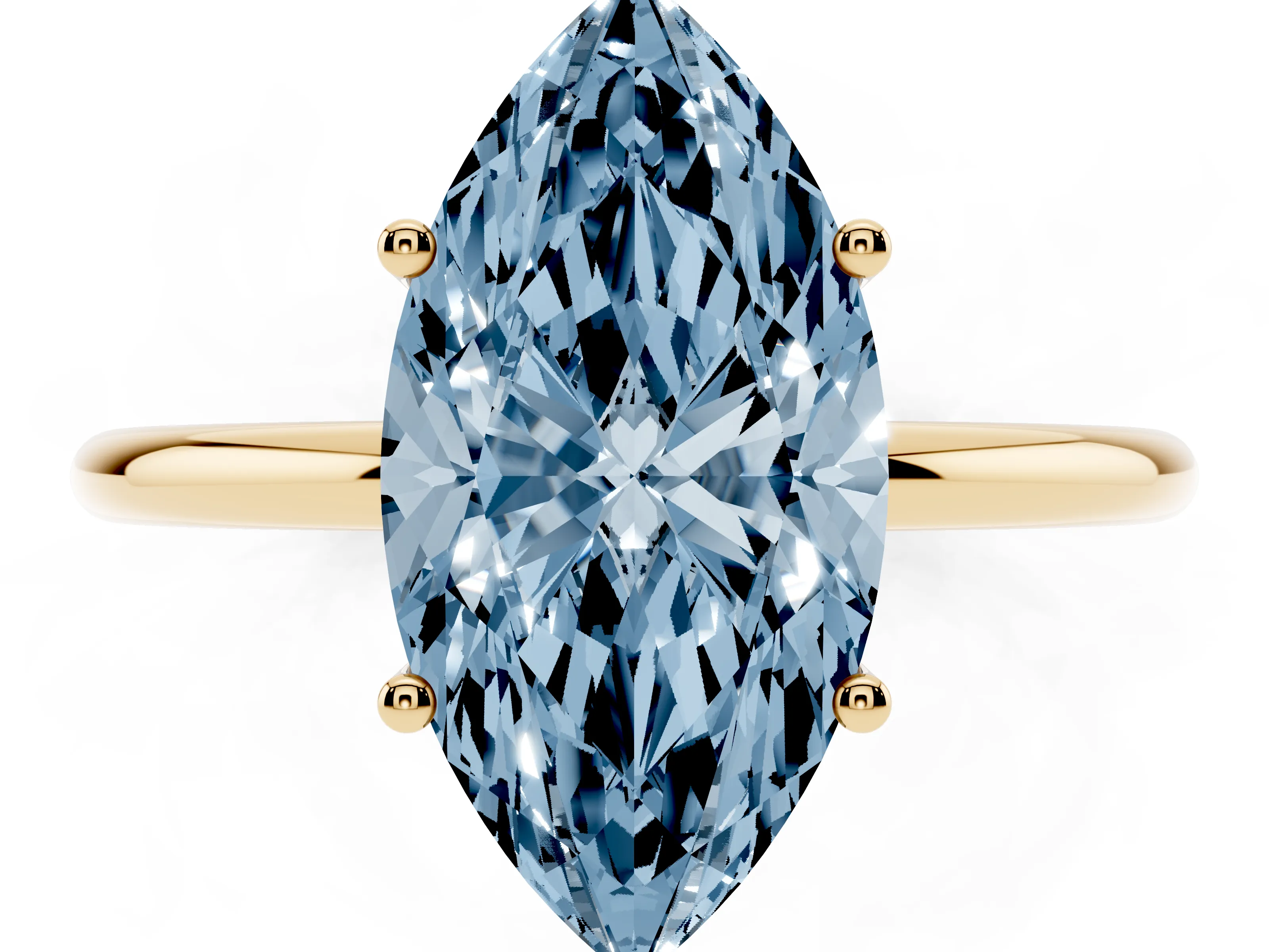 Fancy Blue Marquise Cut Diamond Solitaire Engagement Ring Set in Yellow gold with Thin Band and Prong Setting