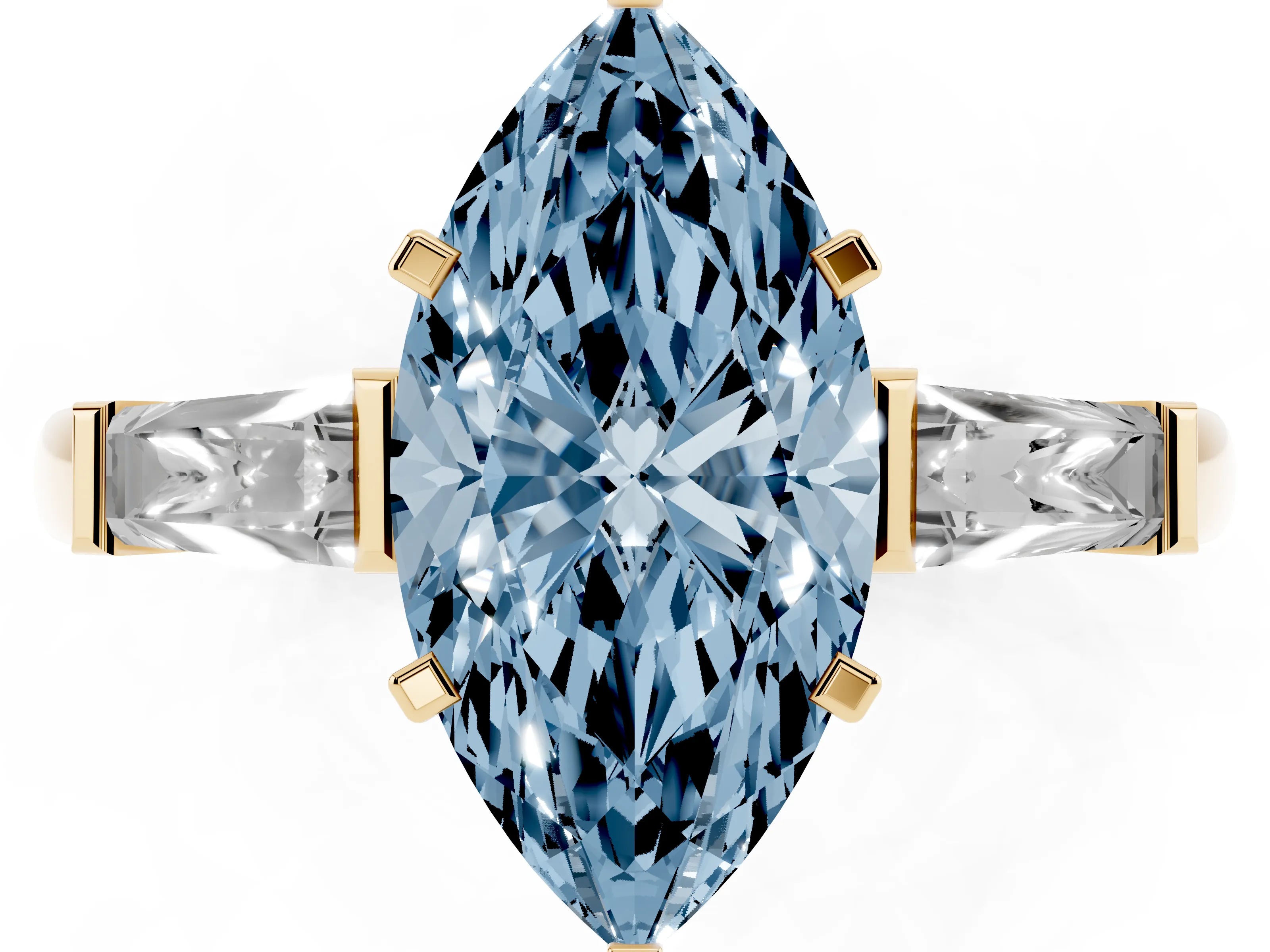 Fancy Blue Marquise Cut Diamond Solitaire Ring Set in Yellow gold with Tapered Baguette Side Stones and Prong Setting