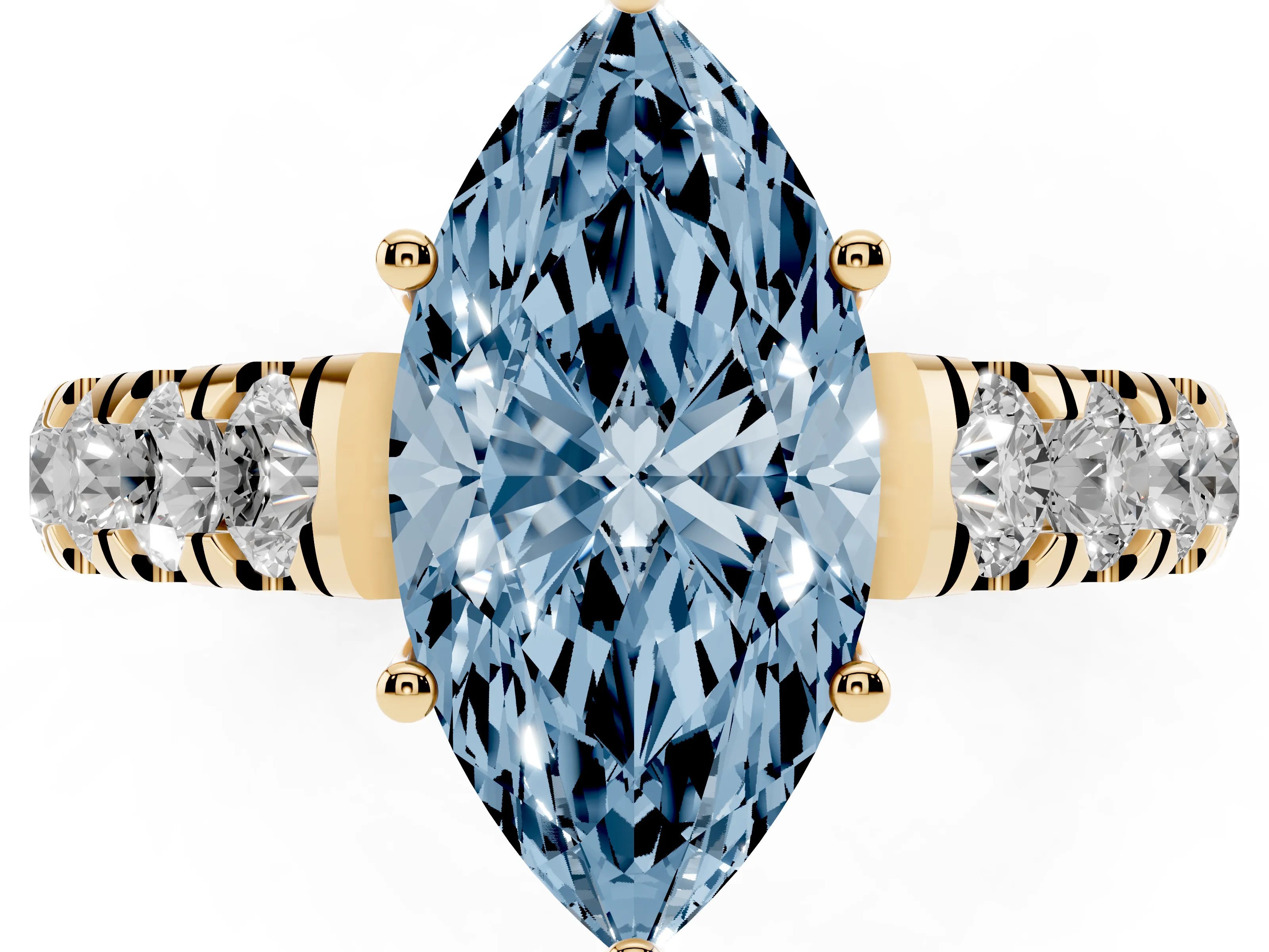 Fancy Blue Marquise Cut Diamond Solitaire Ring Set in Yellow gold with Cut-Down Micro Pavé Band and Prong Setting