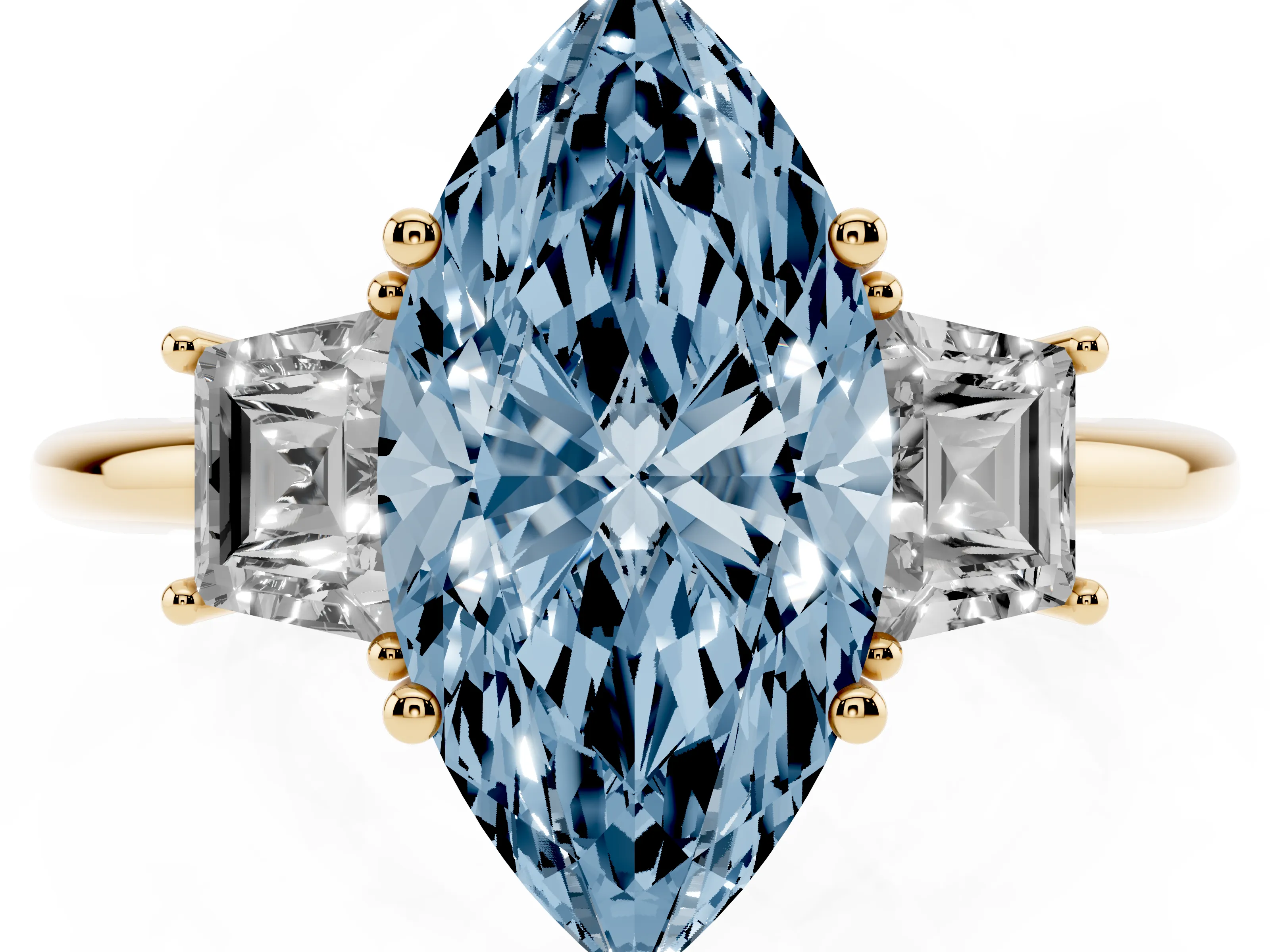 Fancy Blue Marquise Cut Diamond Three-Stone Ring Set in Yellow gold with Trapezoid Side Stones and Prong Setting