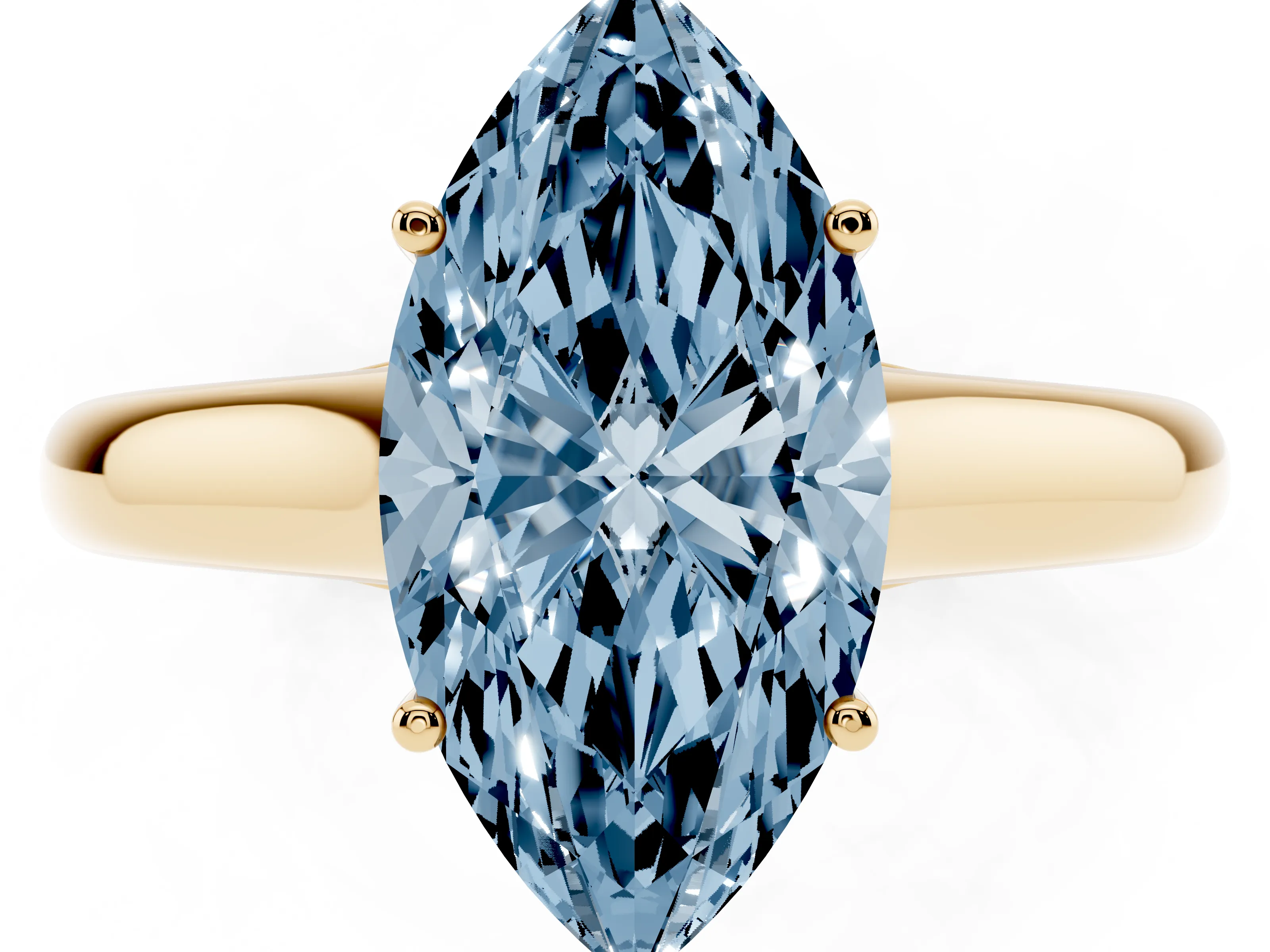 Fancy Blue Marquise Cut Diamond Solitaire Engagement Ring Set in Yellow gold with Subtly Tapered Band and Prong Setting