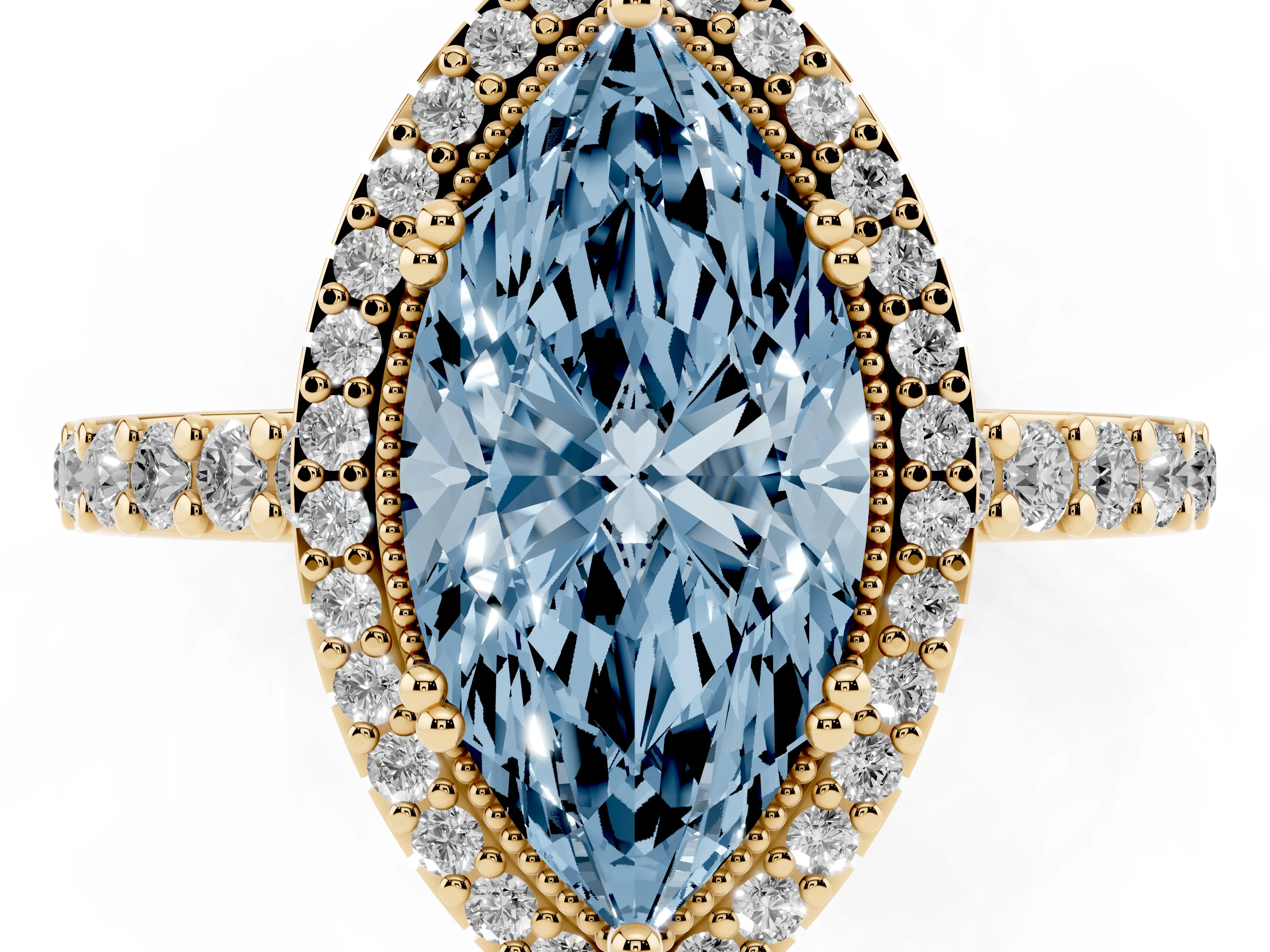 Fancy Blue Marquise Cut Diamond Halo Engagement Ring Set in Yellow gold with Milgrain Detail and Pavé Band