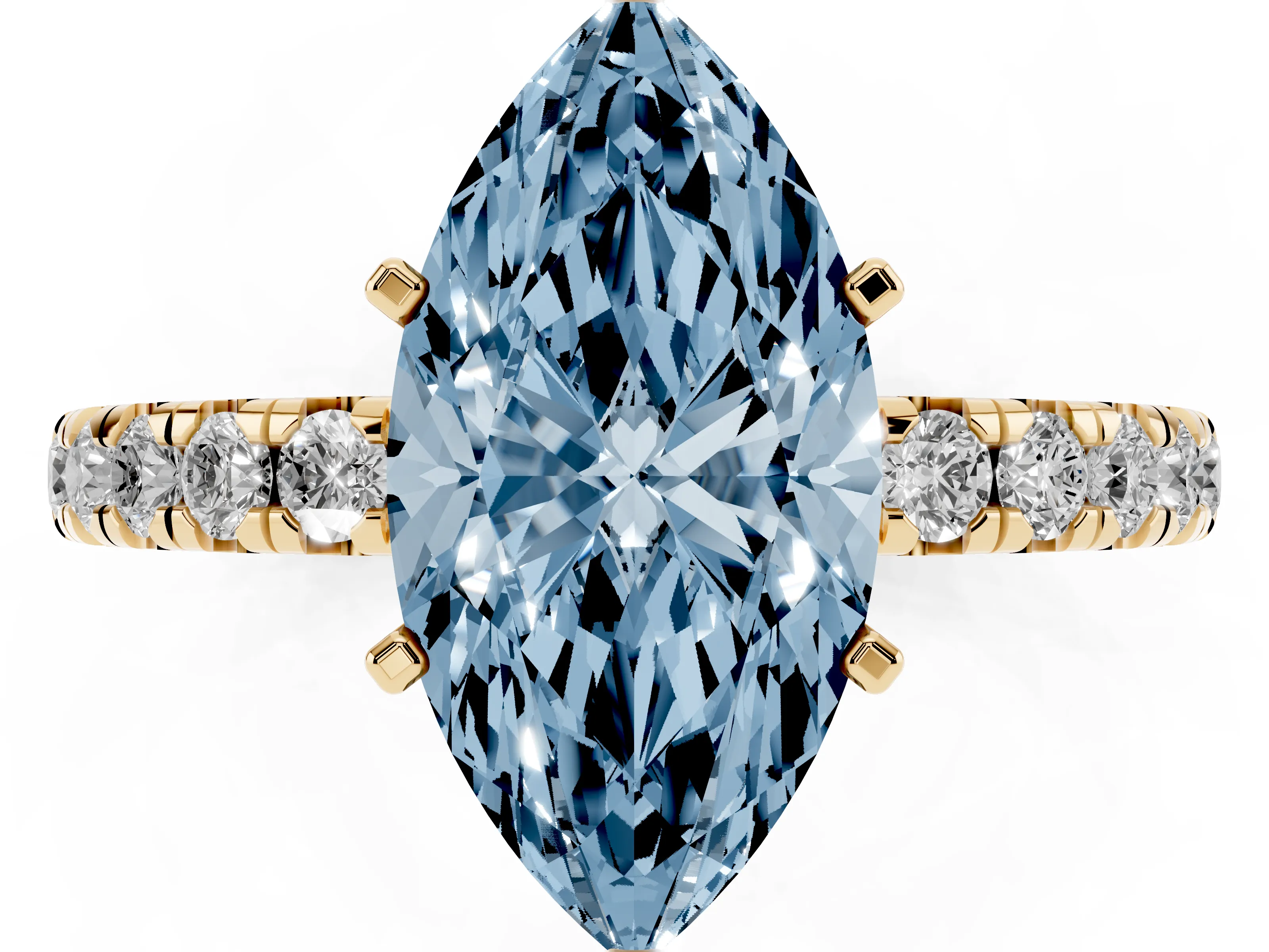 Fancy Blue Marquise Cut Diamond Pavé Solitaire Ring Set in Yellow gold with Round Band and Prong Setting