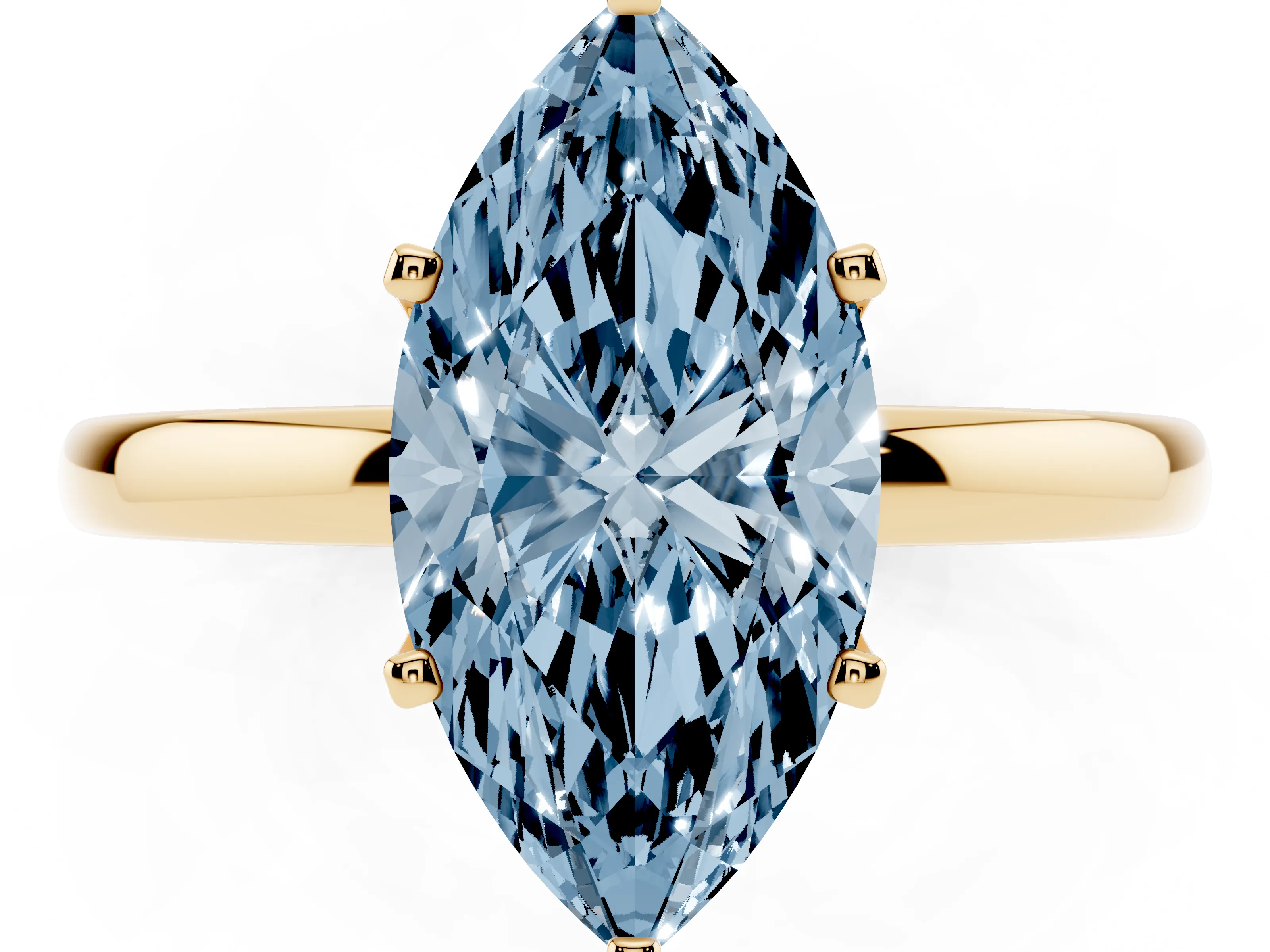 Fancy Blue Marquise Cut Diamond Solitaire Ring Set in Yellow gold with Raised Prong Setting on a Classic Band