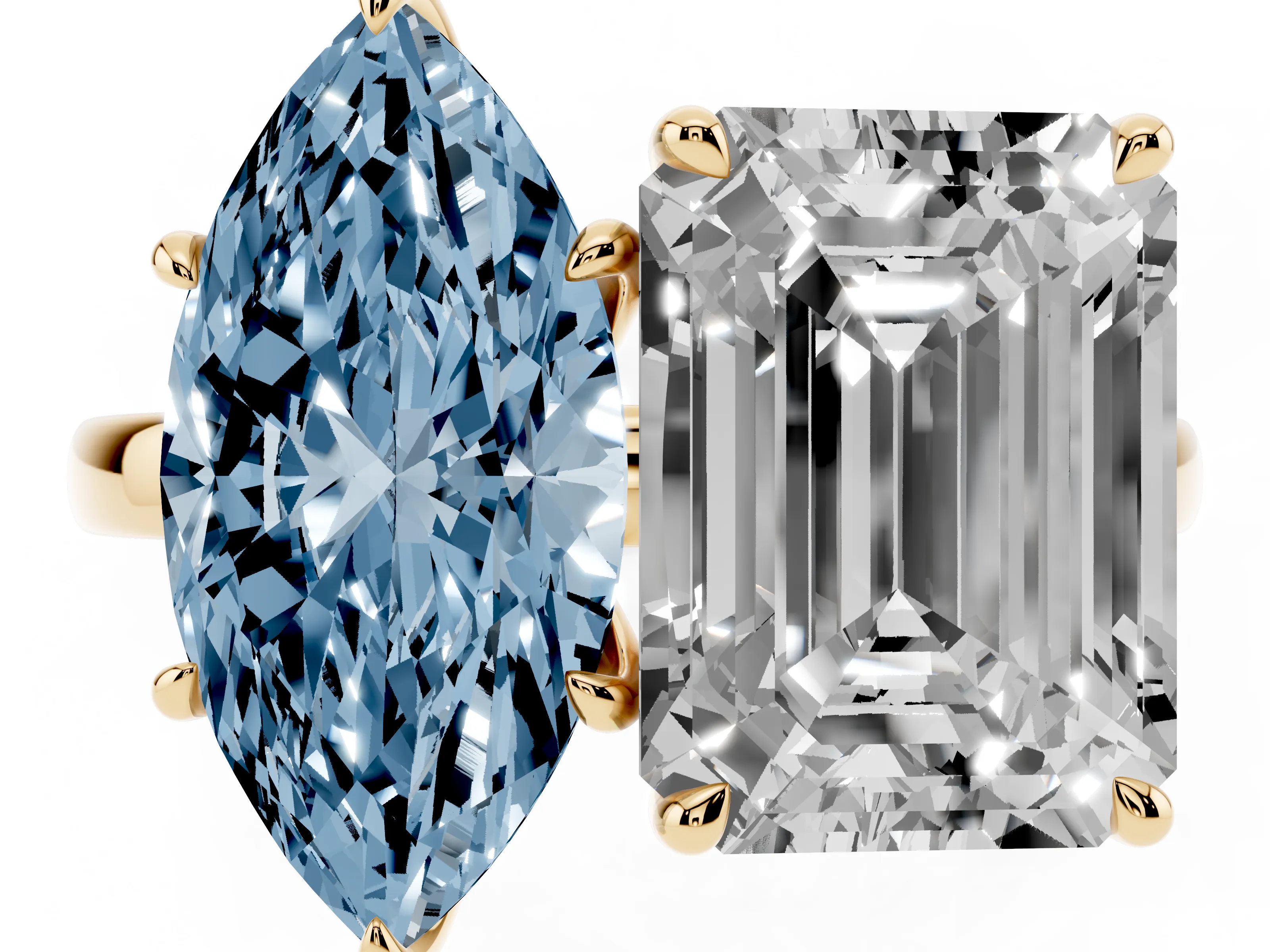 Fancy Blue Marquise Cut and Emerald Cut Toi Moi Ring Set in Yellow gold with Prong Setting