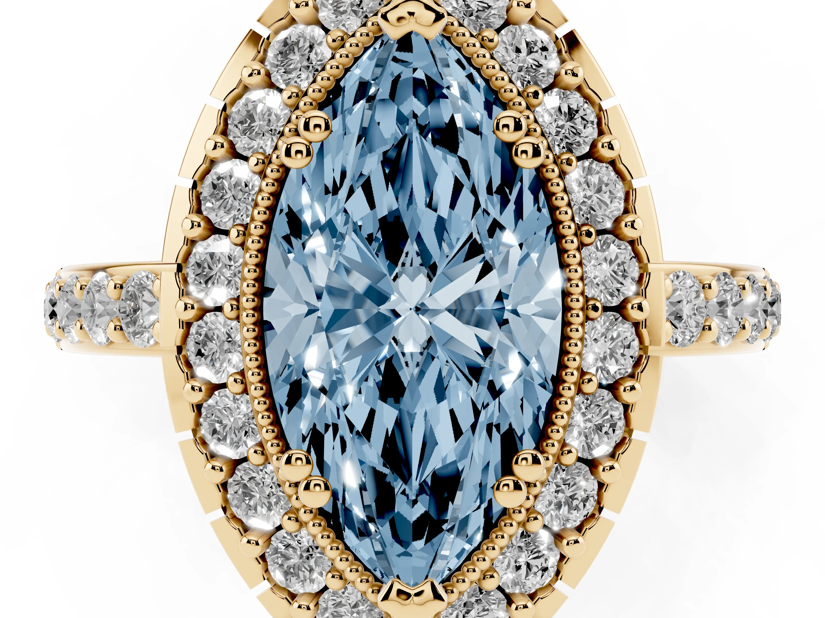Fancy Blue Marquise Cut Diamond Halo Ring Set in Yellow gold with Pavé Shank and Prong Setting