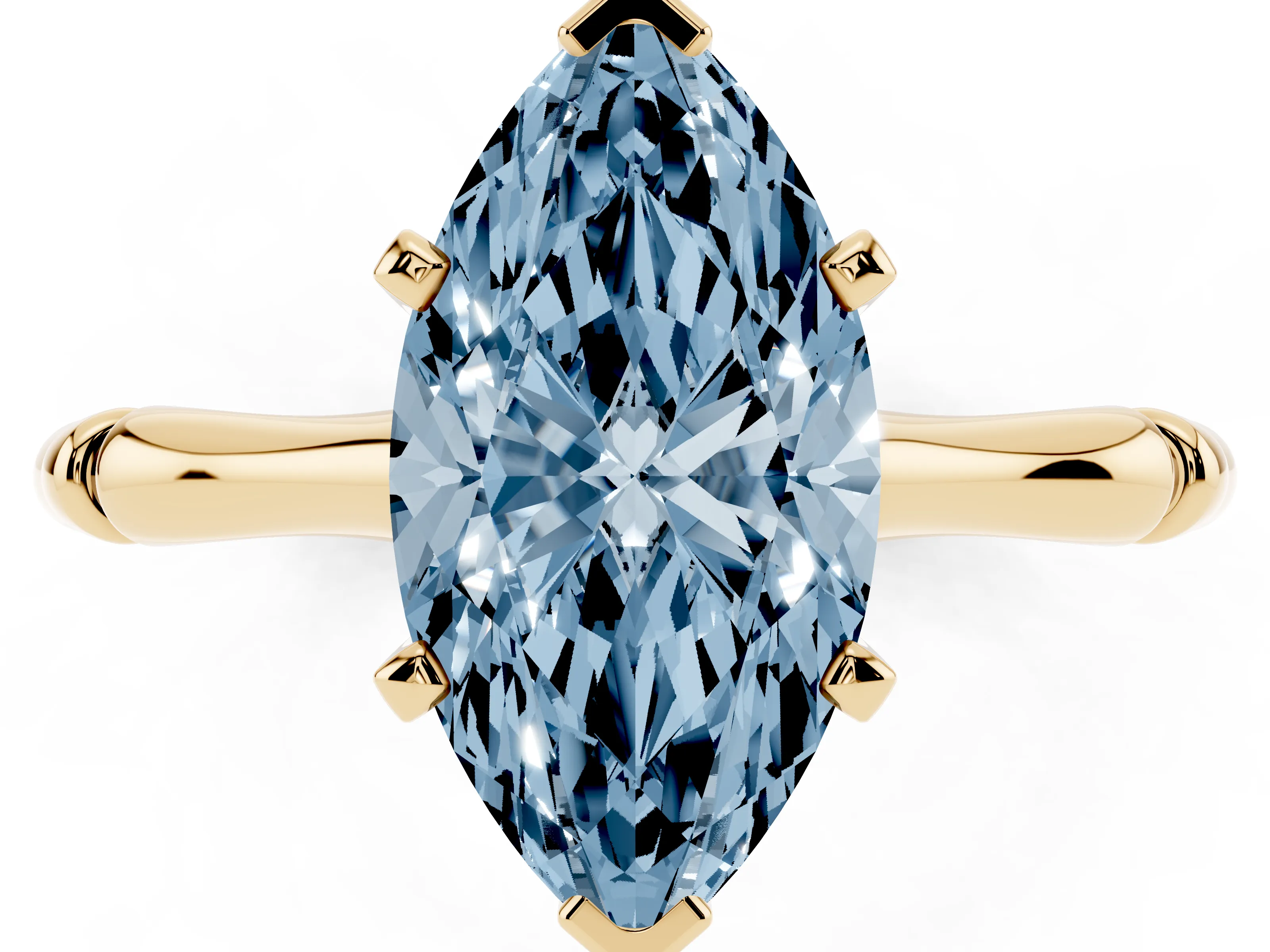 Fancy Blue Marquise Cut Diamond Solitaire Ring Set in Yellow gold with Bamboo Band and Prong Setting