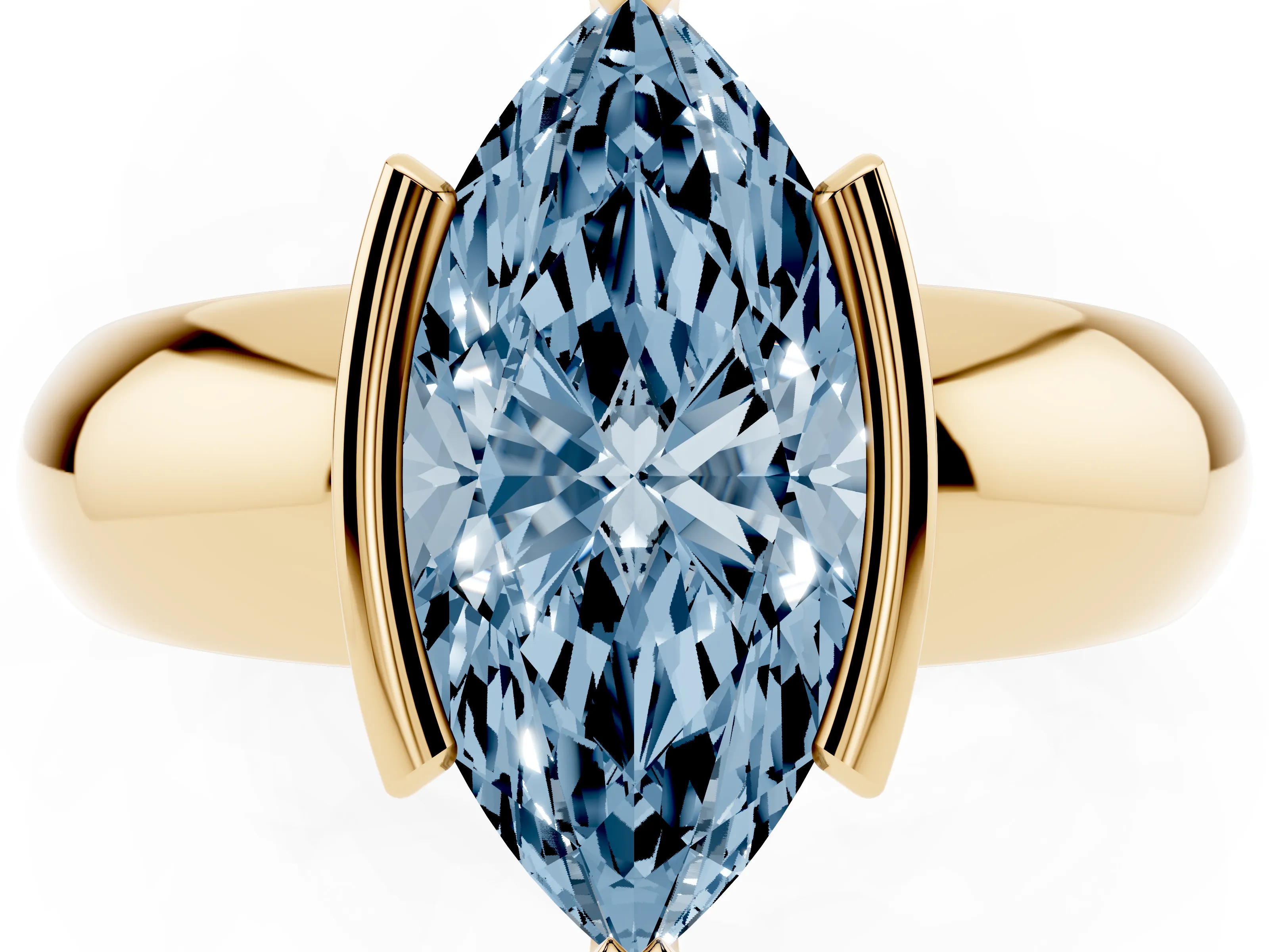 Fancy Blue Marquise Cut Diamond Solitaire Tension Set Ring Set in Yellow gold with Wide Band