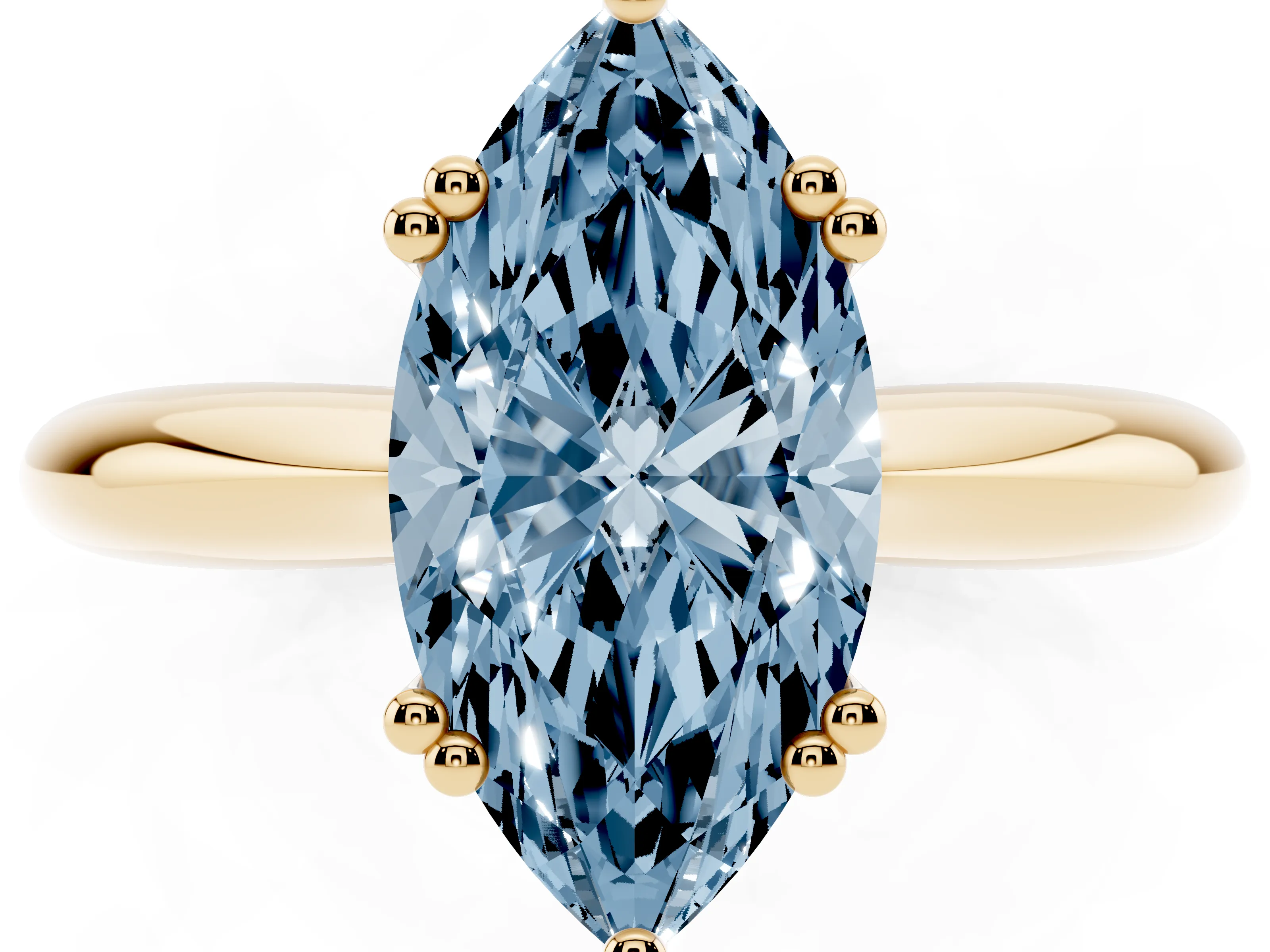 Fancy Blue Marquise Cut Diamond Solitaire Engagement Ring Set in Yellow gold with Tapered Band and Prong Setting