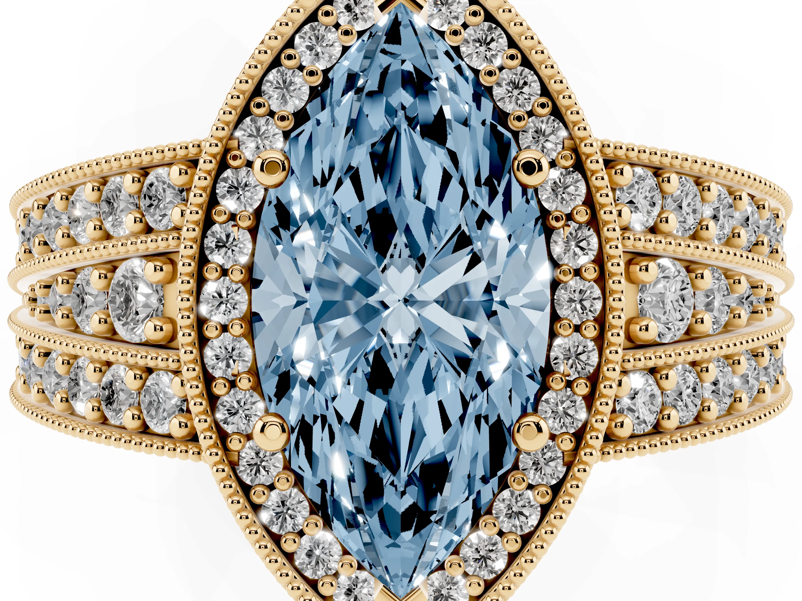 Fancy Blue Marquise Cut Diamond Halo Ring Set in Yellow gold with Accent Split Shank and Prong Setting