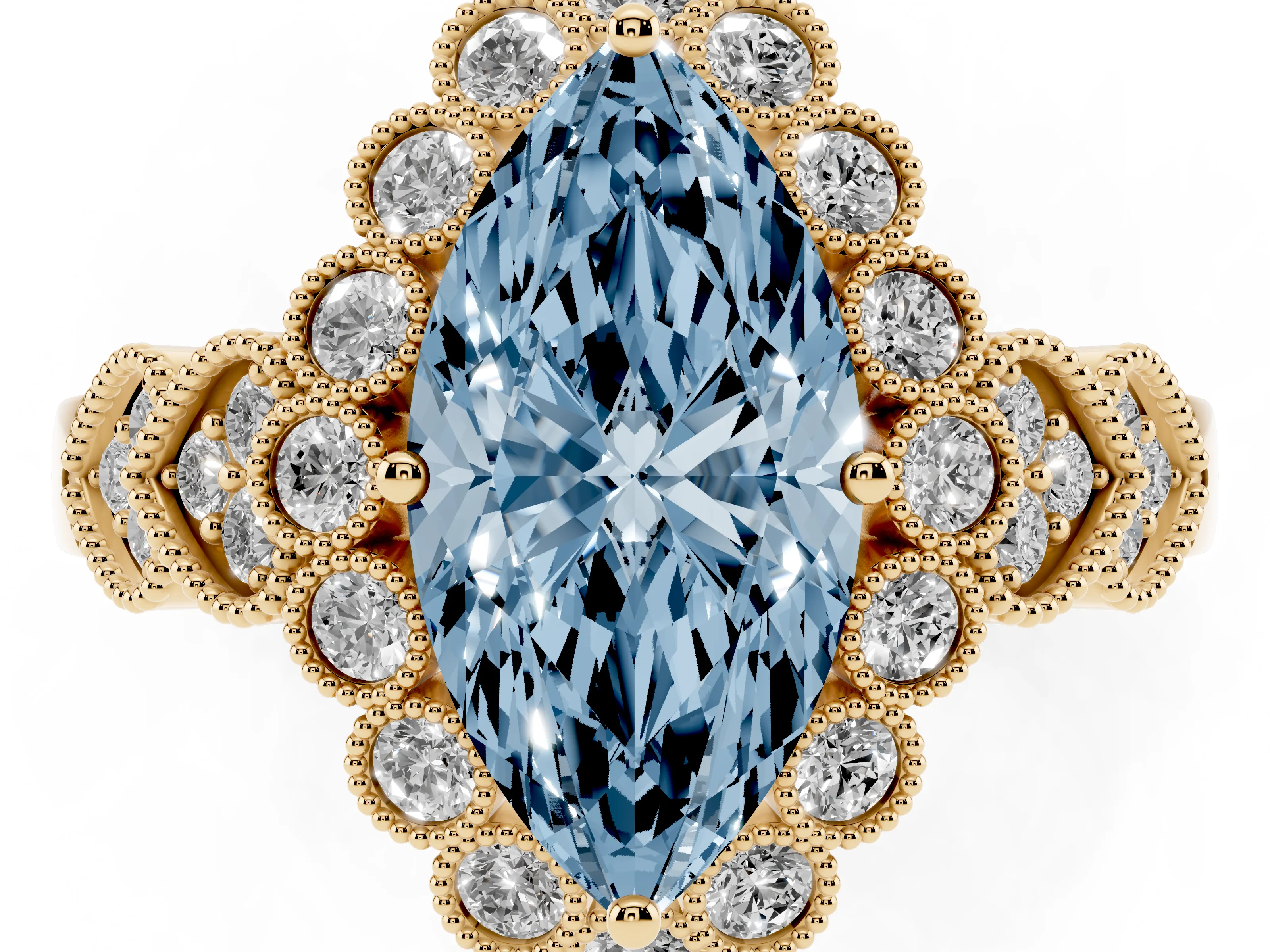 Fancy Blue Marquise Cut Diamond Solitaire Ring Set in Yellow gold with Milgrain Pavé Heart Band