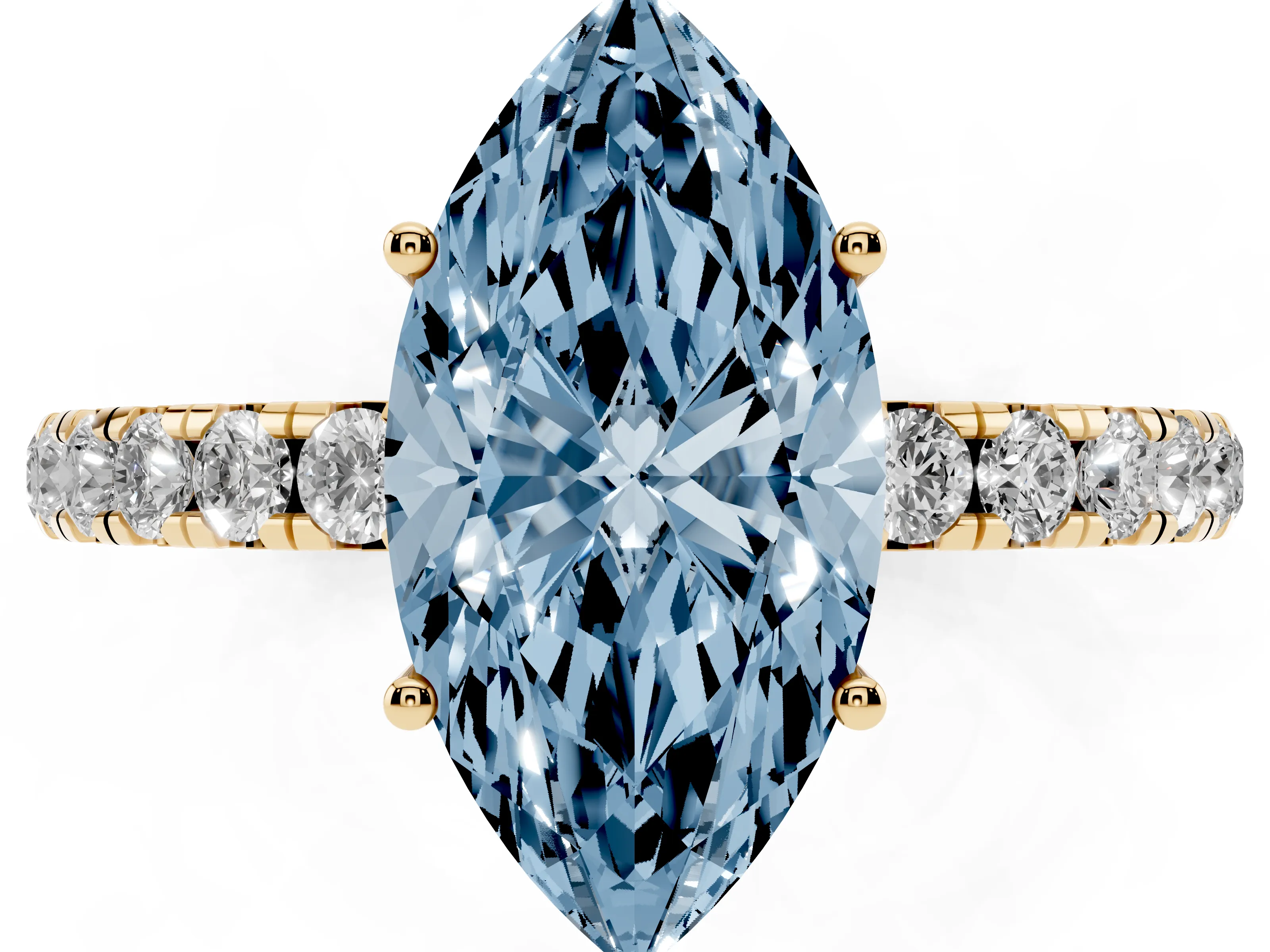 Fancy Blue Marquise Cut Diamond Pavé Solitaire Engagement Ring Set in Yellow gold with Prong Setting