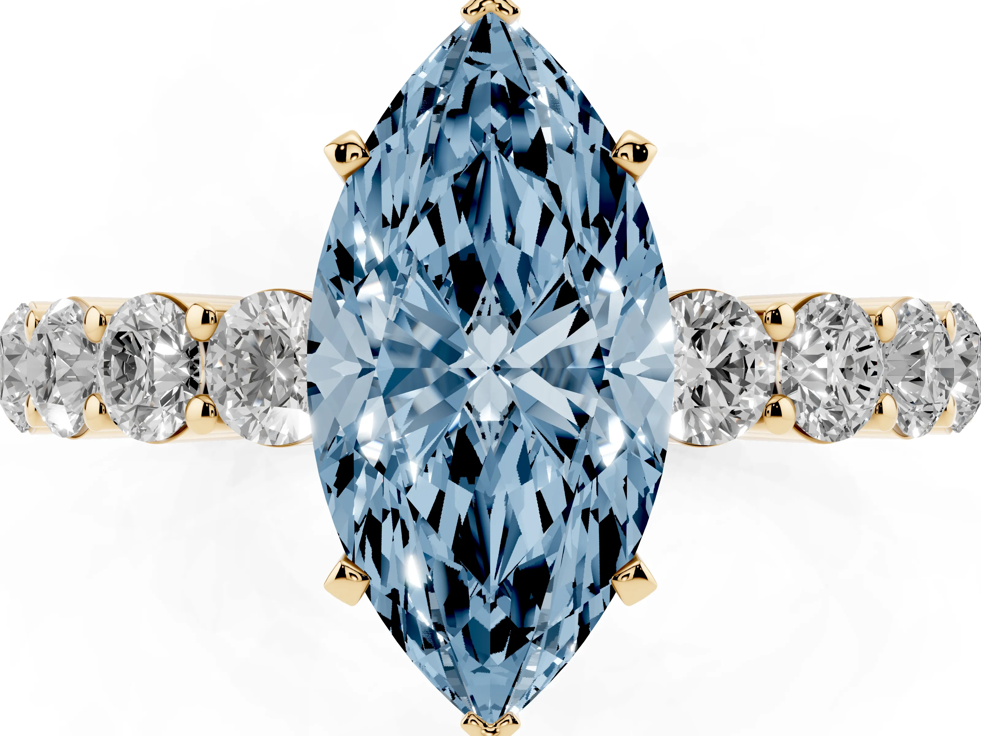 Fancy Blue Marquise Cut Diamond Solitaire Ring Set in Yellow gold with Shared Prong Round Side Stones