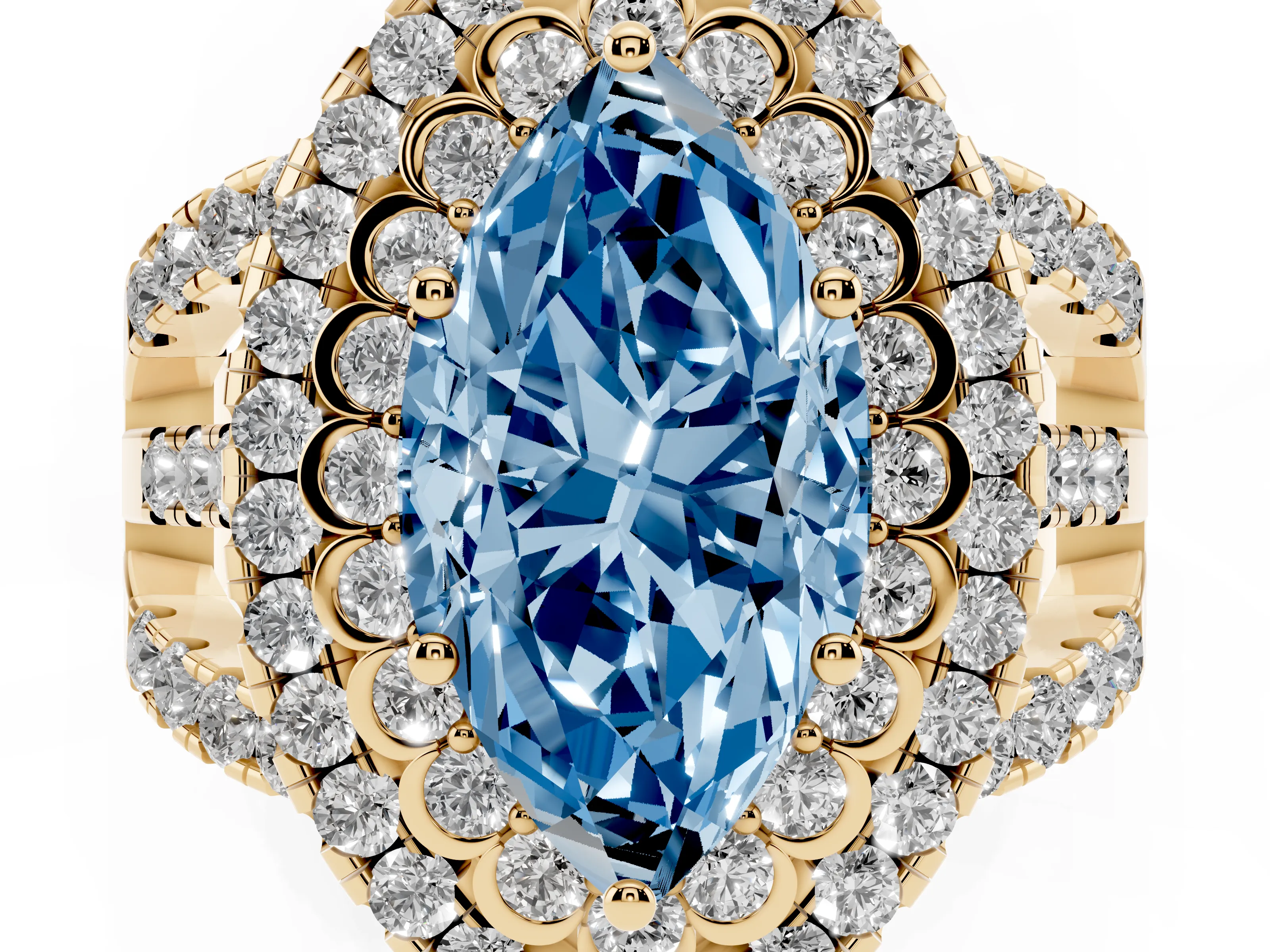 Fancy Blue Marquise Cut Diamond Double Halo Ring Set in Yellow gold with Round Pavé Split Shank