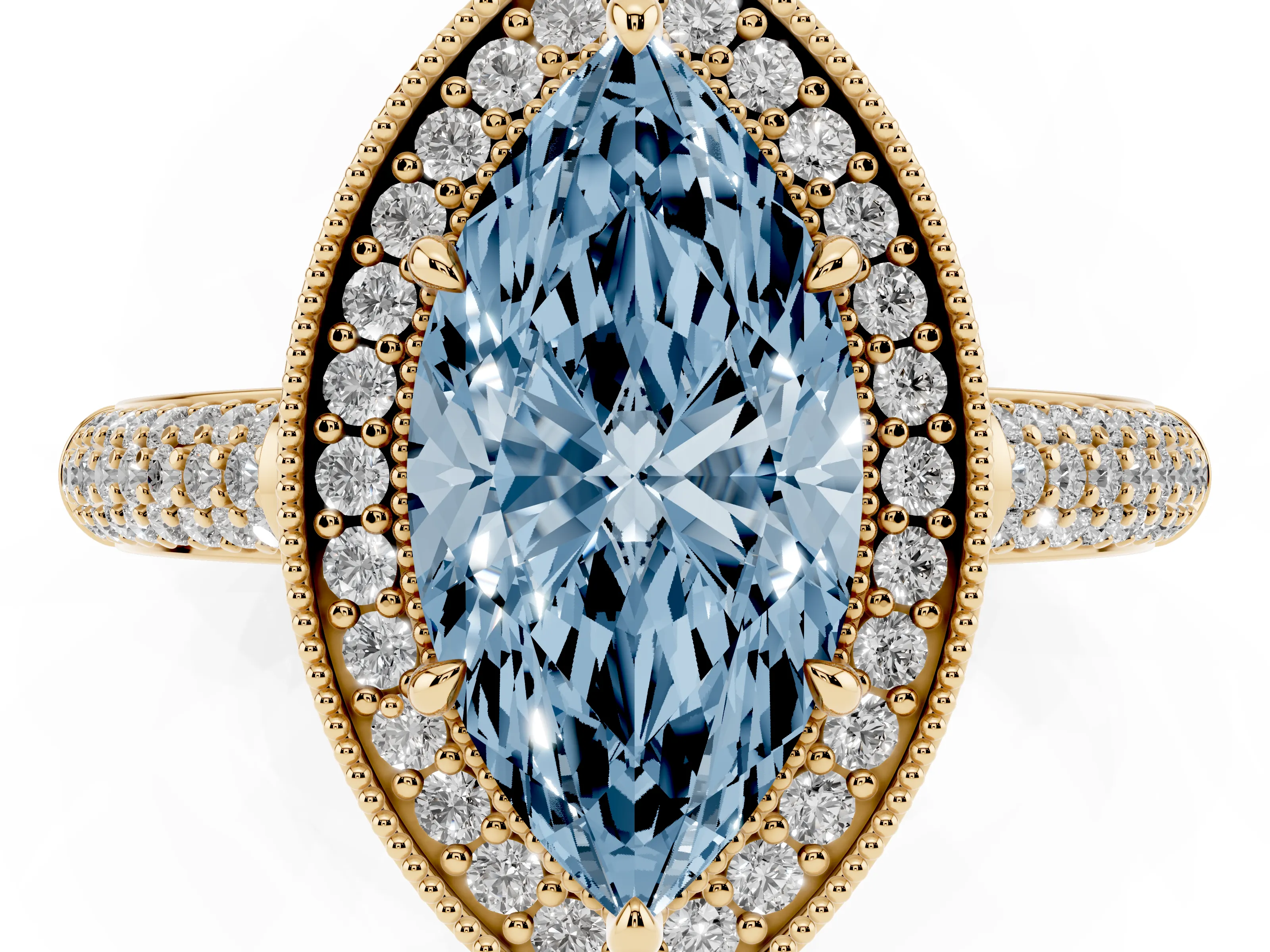 Fancy Blue Marquise Cut Diamond Halo Pavé Band Set in Yellow gold with Prong Setting