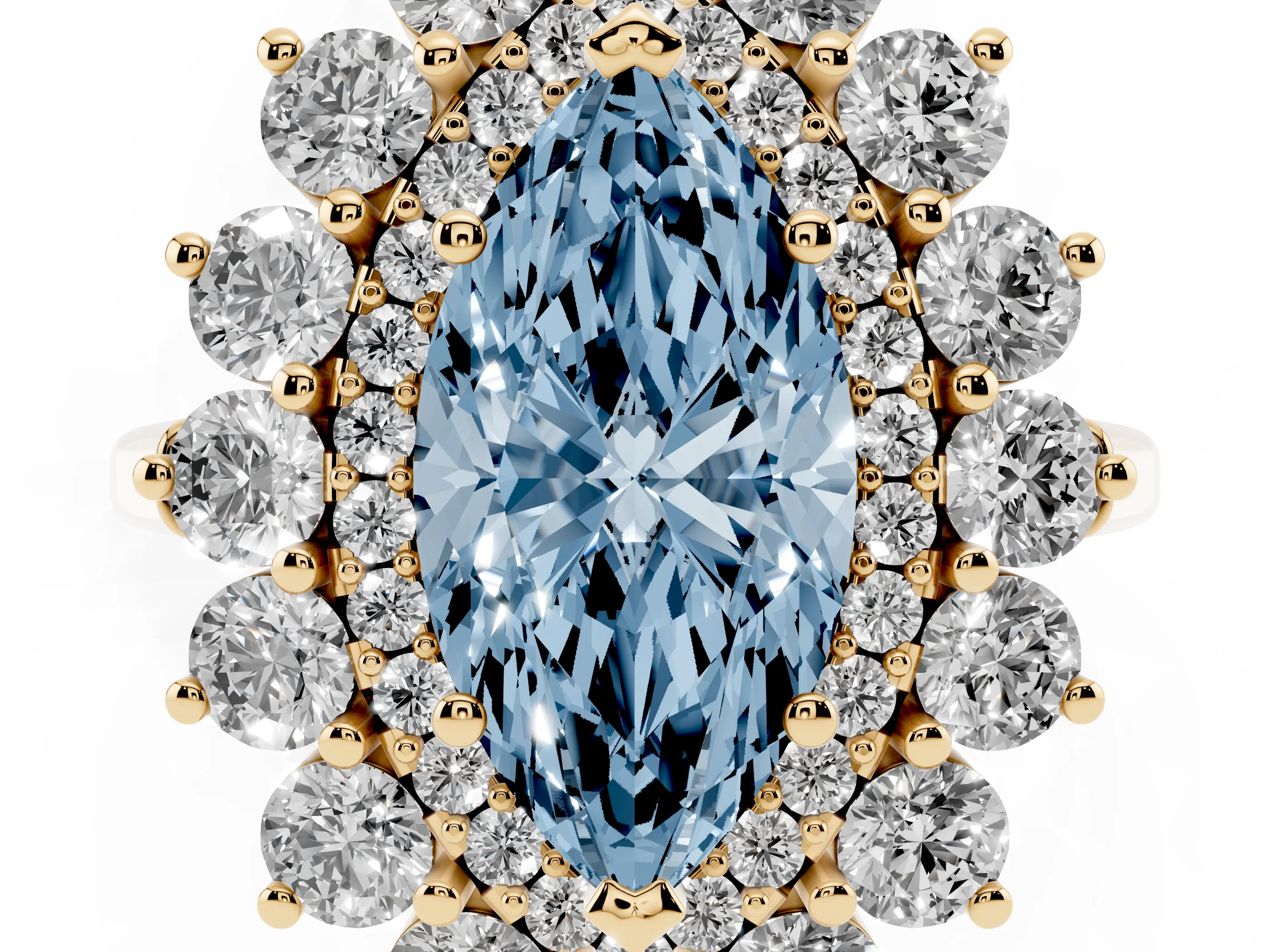 Fancy Blue Marquise Cut Diamond Floral Double Halo Ring Set in Yellow gold with Round Petals