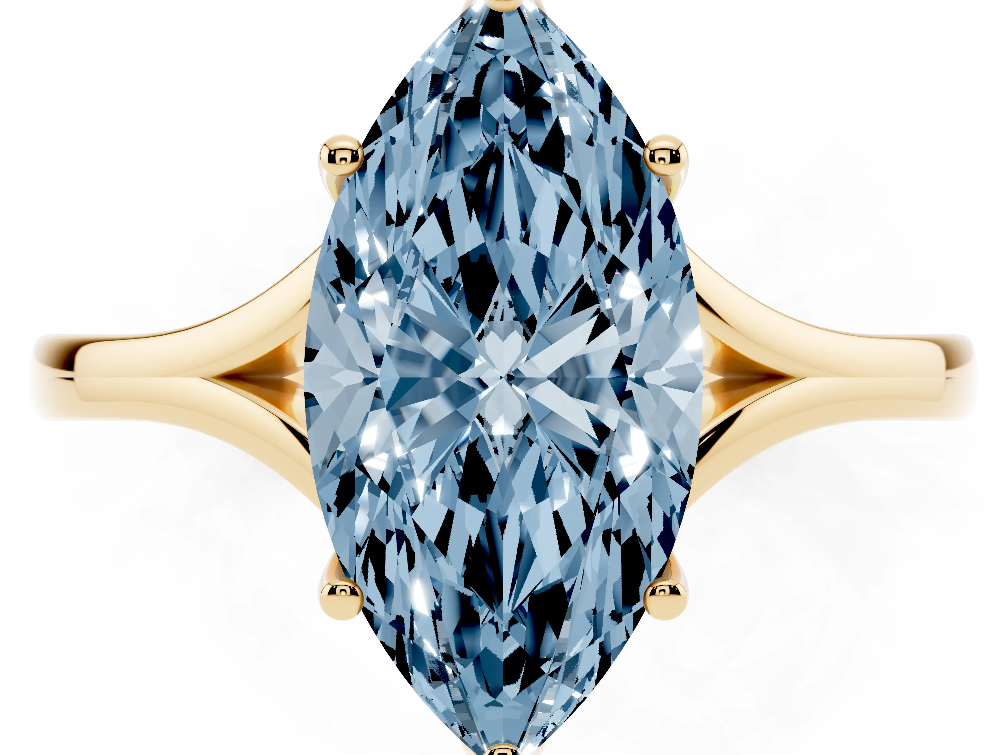 Fancy Blue Marquise Cut Diamond Solitaire Ring Set in Yellow gold with Polished Tapered Band and Prong Setting