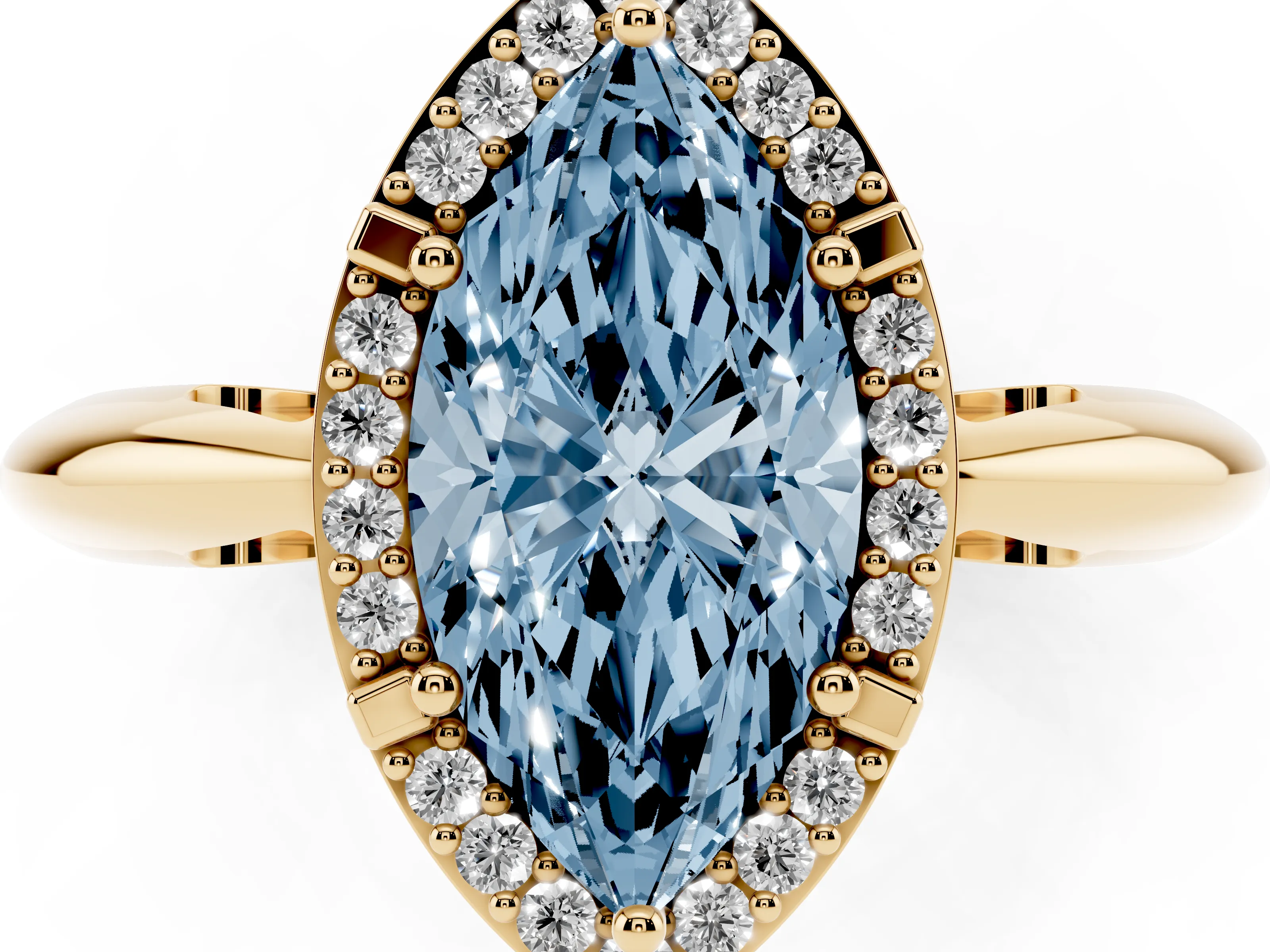 Fancy Blue Marquise Cut Diamond Halo Engagement Ring Set in Yellow gold with Plain Split Shank and Prong Setting
