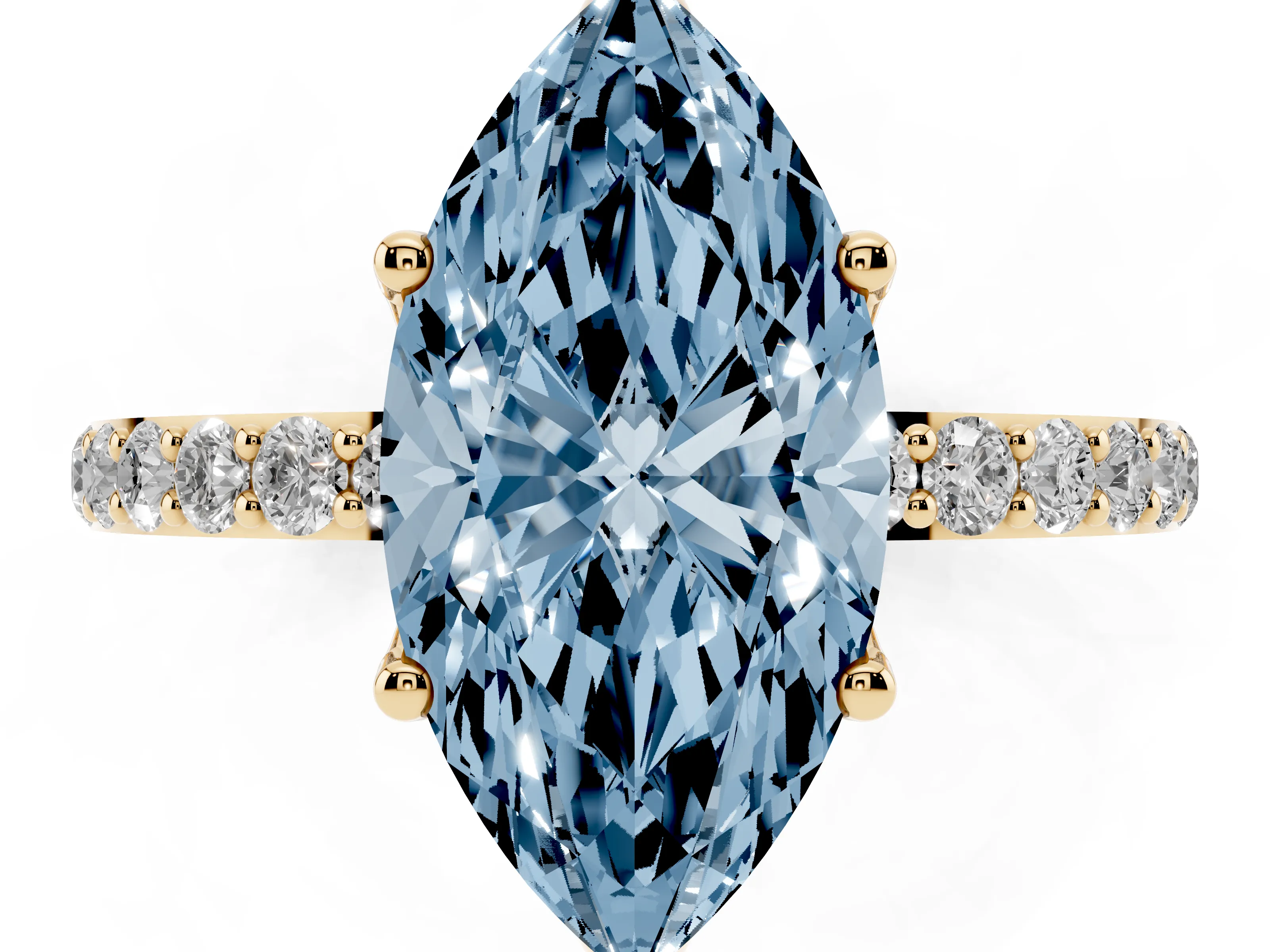 Fancy Blue Marquise Cut Diamond Solitaire Engagement Ring Set in Yellow gold with Round Pavé Band and Prong Setting