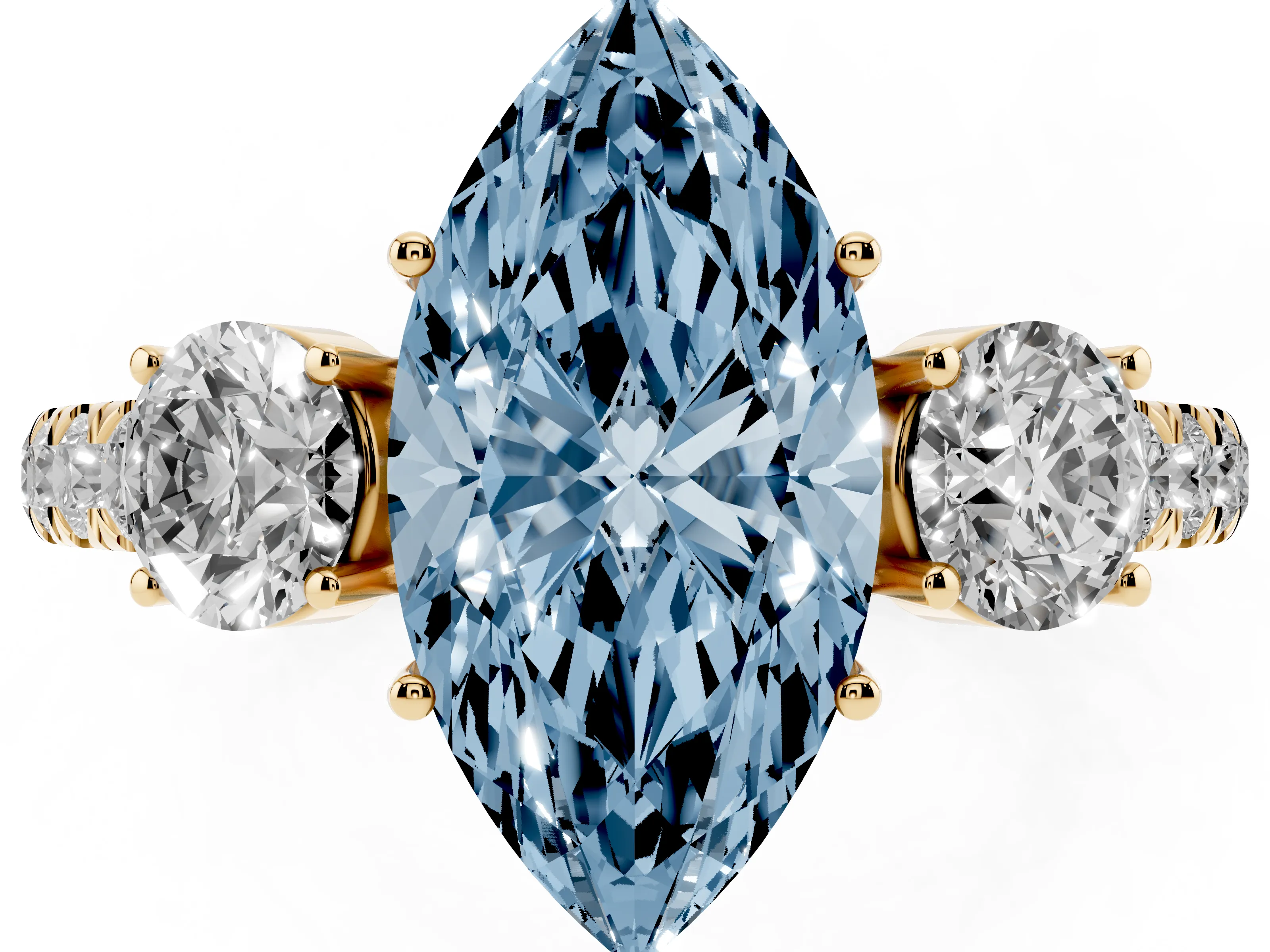 Fancy Blue Marquise Cut Diamond Three-Stone Ring Set in Yellow gold with Round Side Stones and Delicate Pavé Band