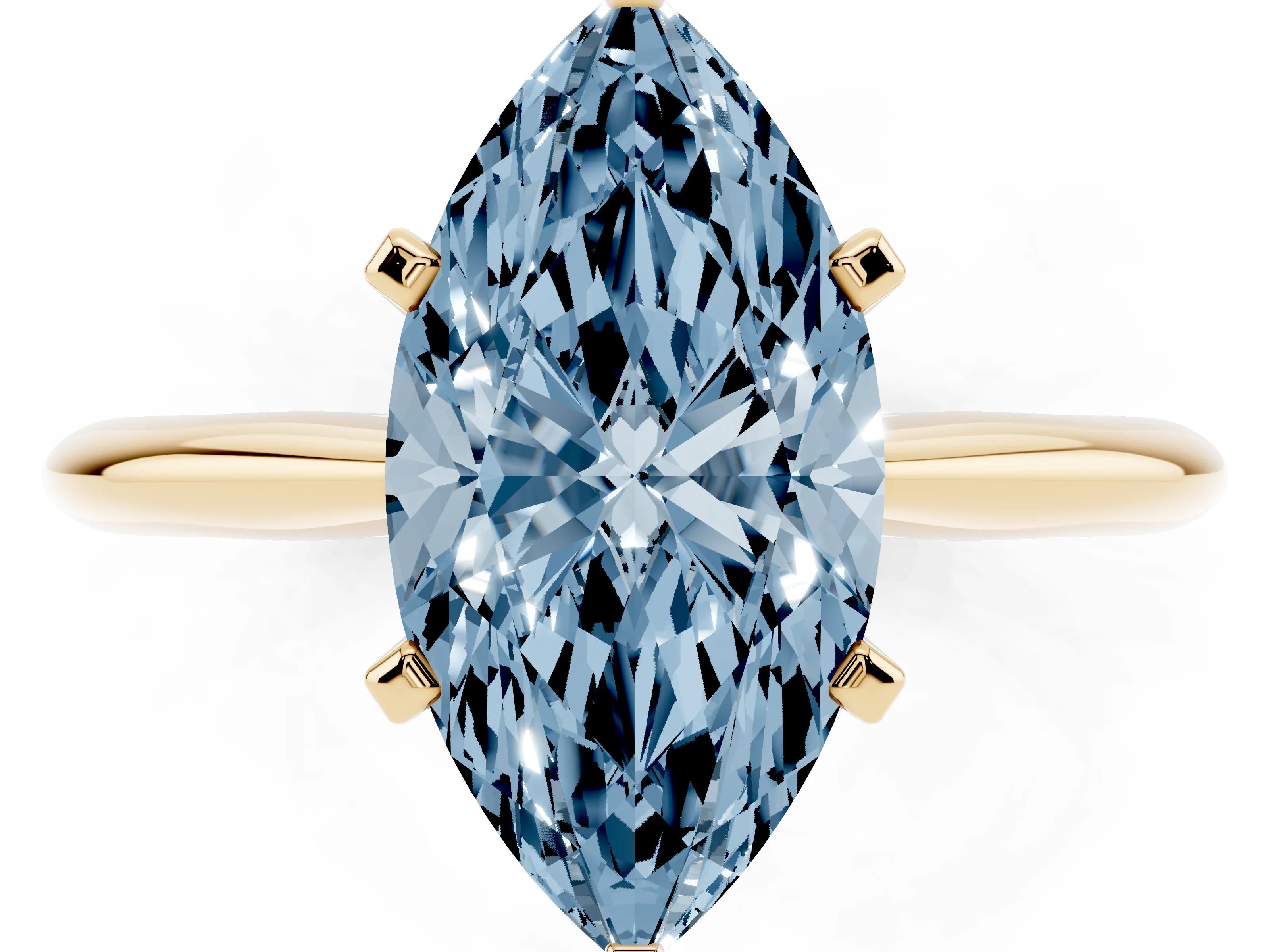 Fancy Blue Marquise Cut Diamond Solitaire Ring Set in Yellow gold with Prong Setting on a Plain Round Band
