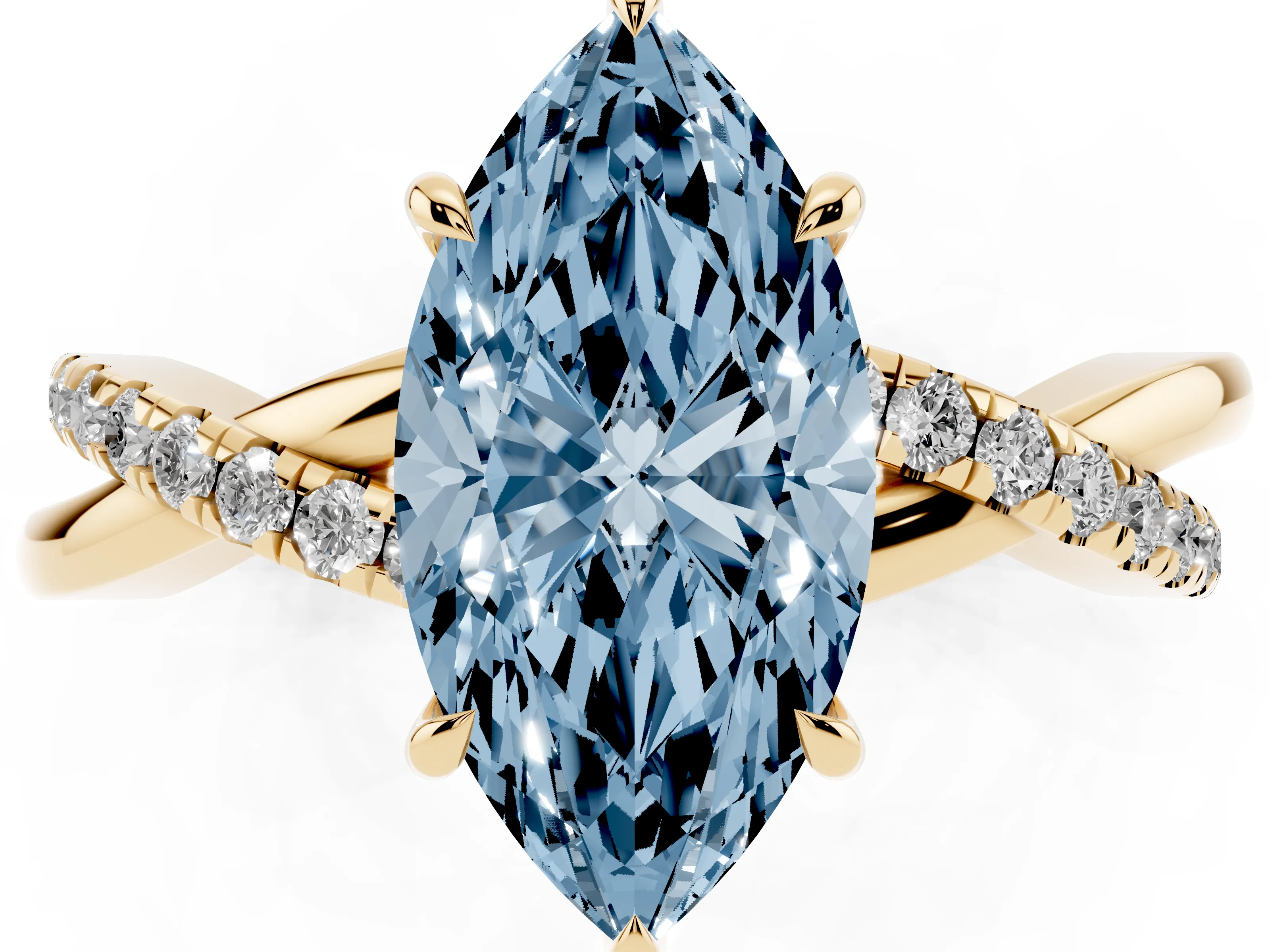 Fancy Blue Marquise Cut Diamond Twisted Pavé Band Ring Set in Yellow gold with Prong Setting