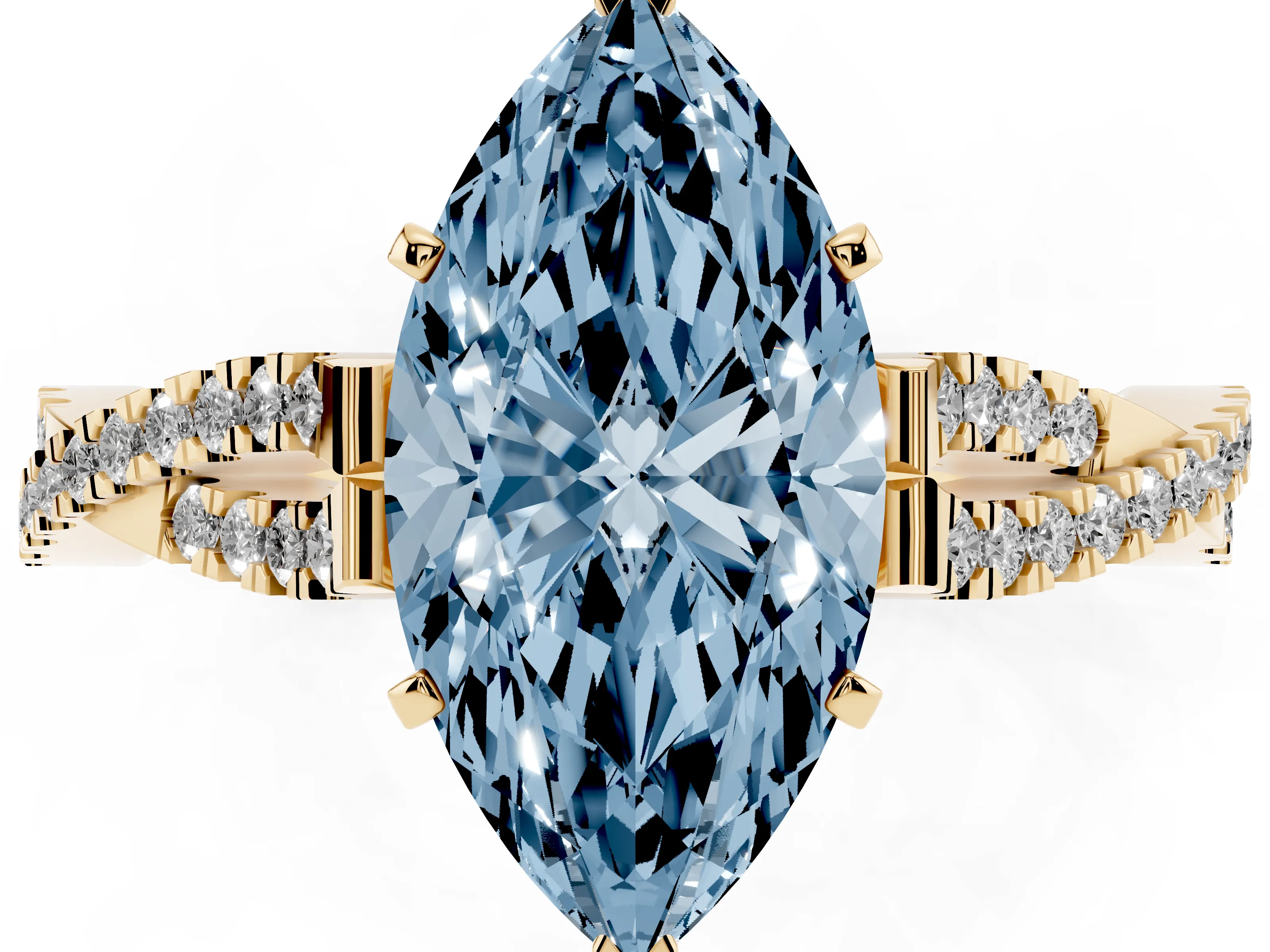 Fancy Blue Marquise Cut Diamond Solitaire Engagement Ring Set in Yellow gold with Twisted Pavé Band and Prong Setting