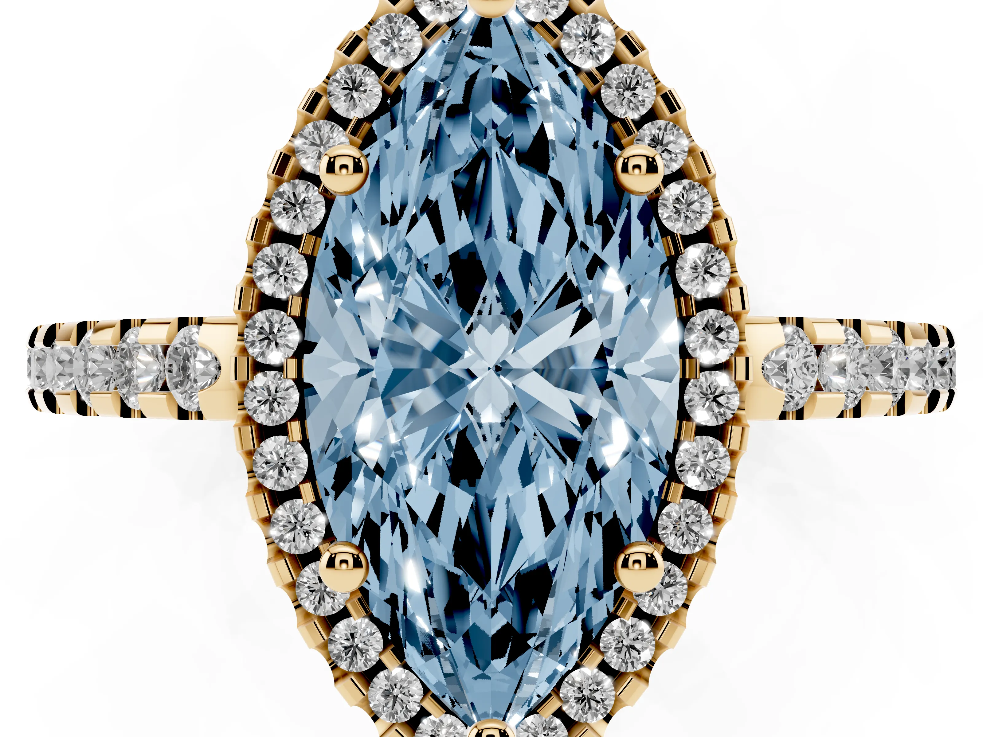 Fancy Blue Marquise Cut Diamond Halo Ring Set in Yellow gold with Pavé Shoulders and Halo-Framed Center