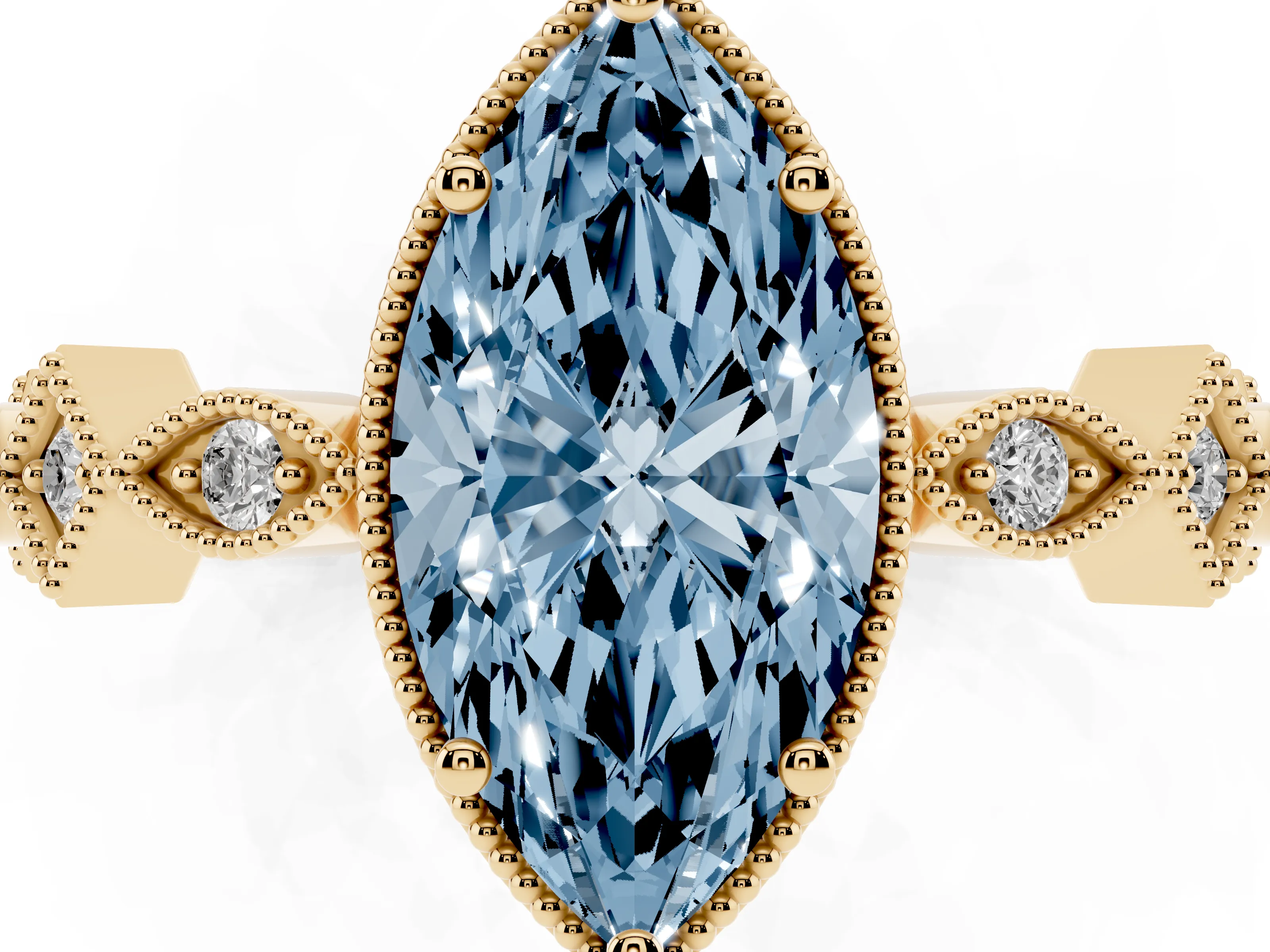 Fancy Blue Marquise Cut Diamond Milgrain Marquise Twist Band Ring Set in Yellow gold with Prong Setting