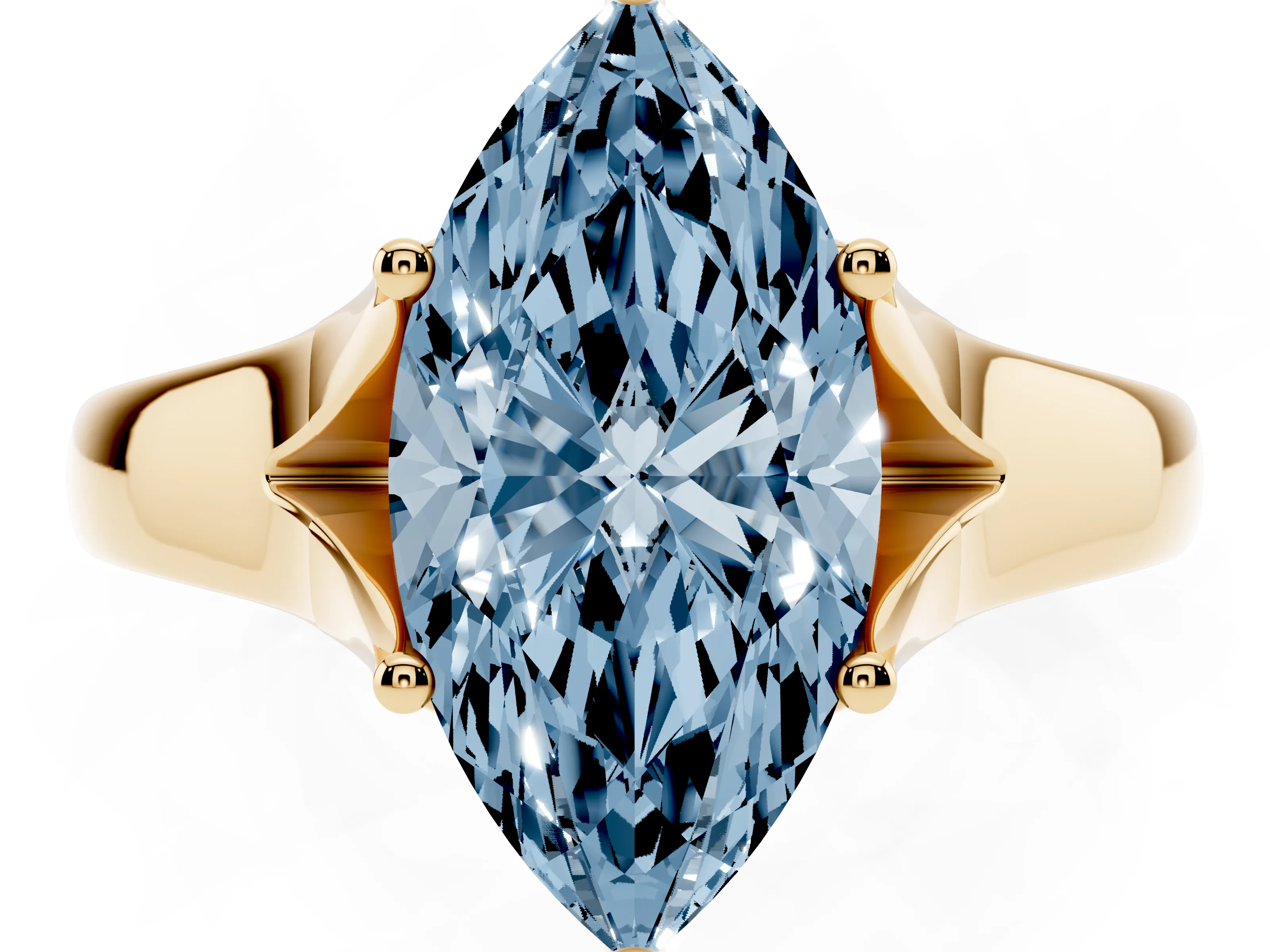 Fancy Blue Marquise Cut Diamond Solitaire Ring Set in Yellow gold with Arched Cathedral Band and Prong Setting