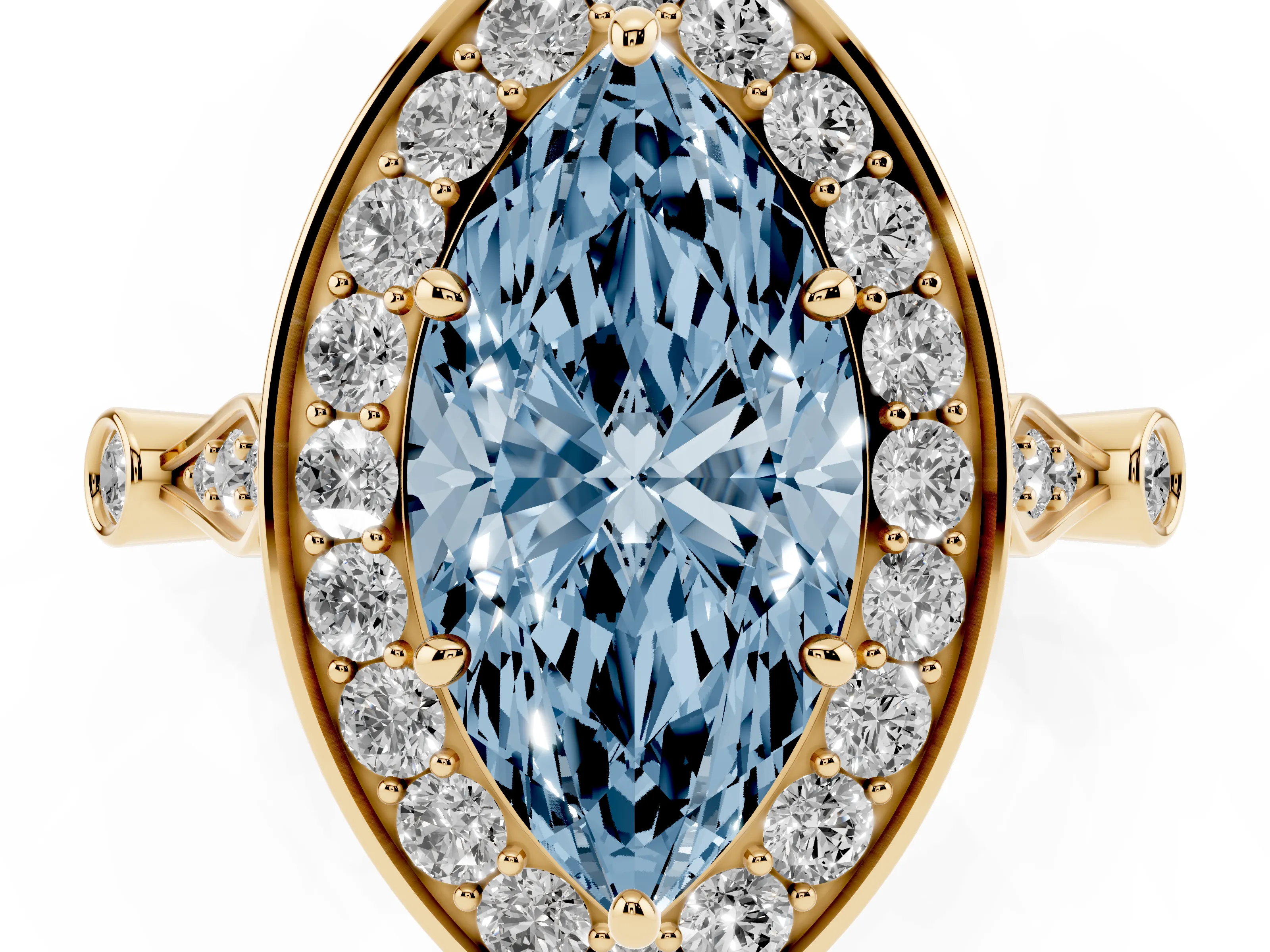 Fancy Blue Marquise Cut Diamond Halo Engagement Ring Set in Yellow gold with Twisted Band and Prong Setting