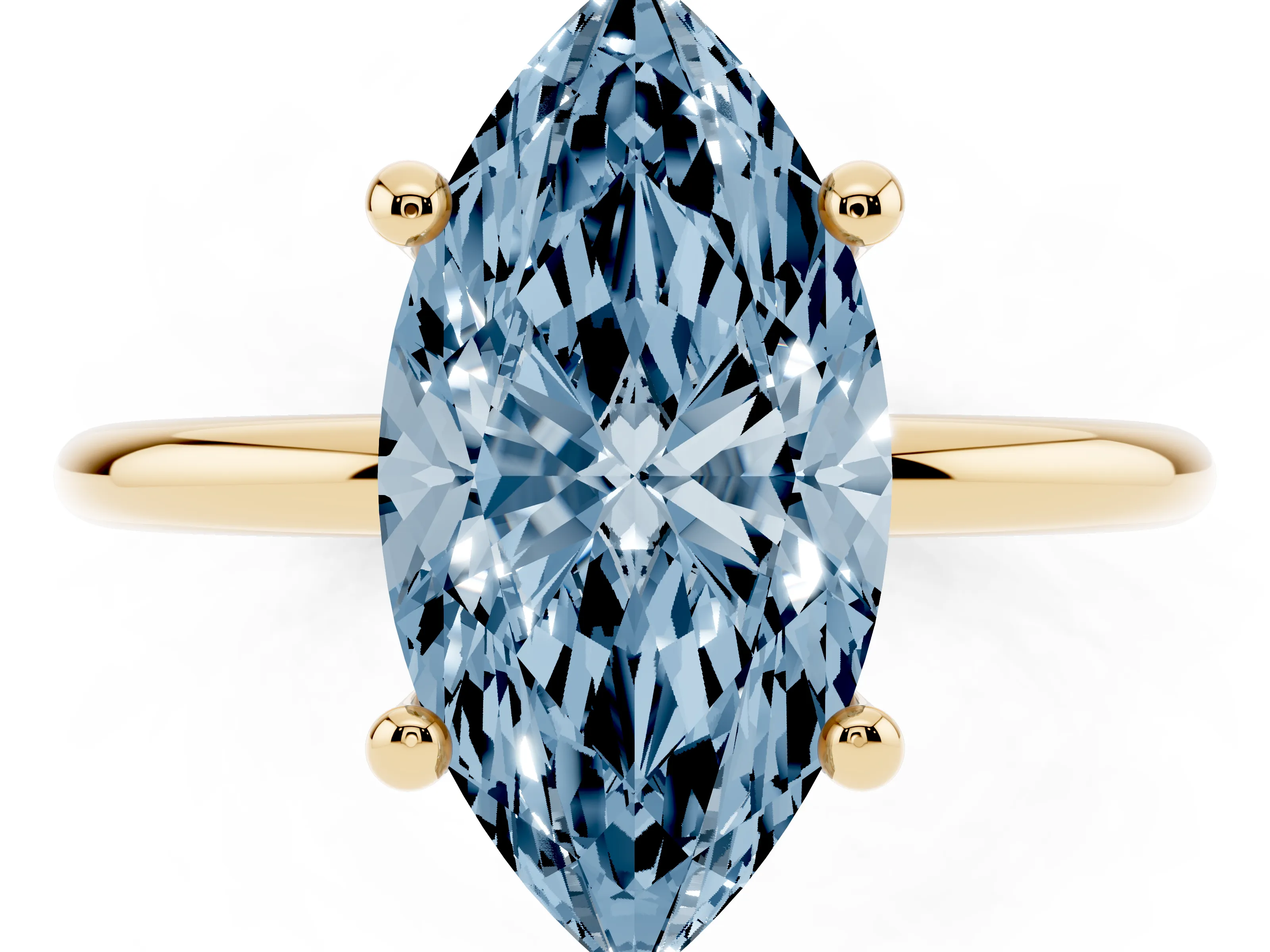 Fancy Blue Marquise Cut Diamond Solitaire Ring Set in Yellow gold with Secure Prong Setting on a Classic Band