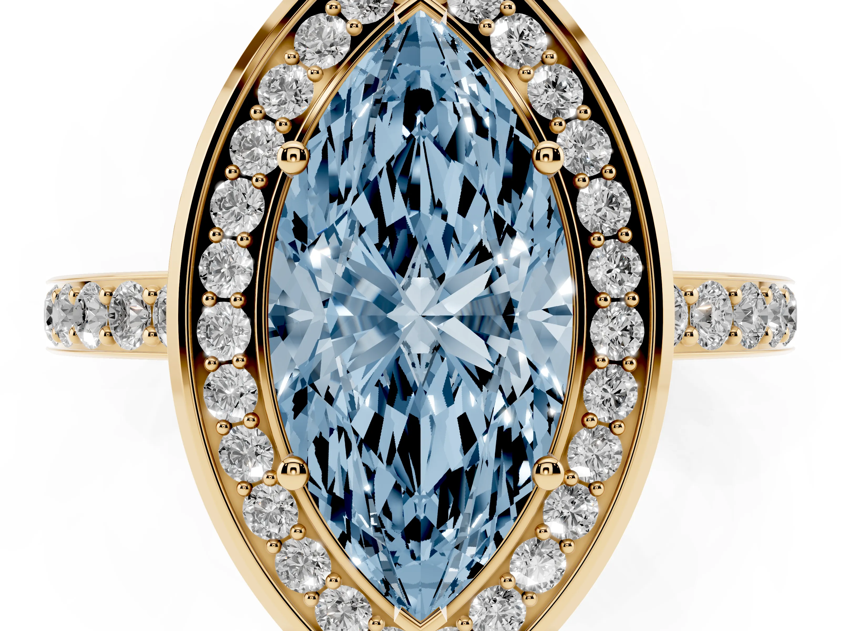 Fancy Blue Marquise Cut Diamond Halo Ring Set in Yellow gold with Bezel Frame and Pavé Band