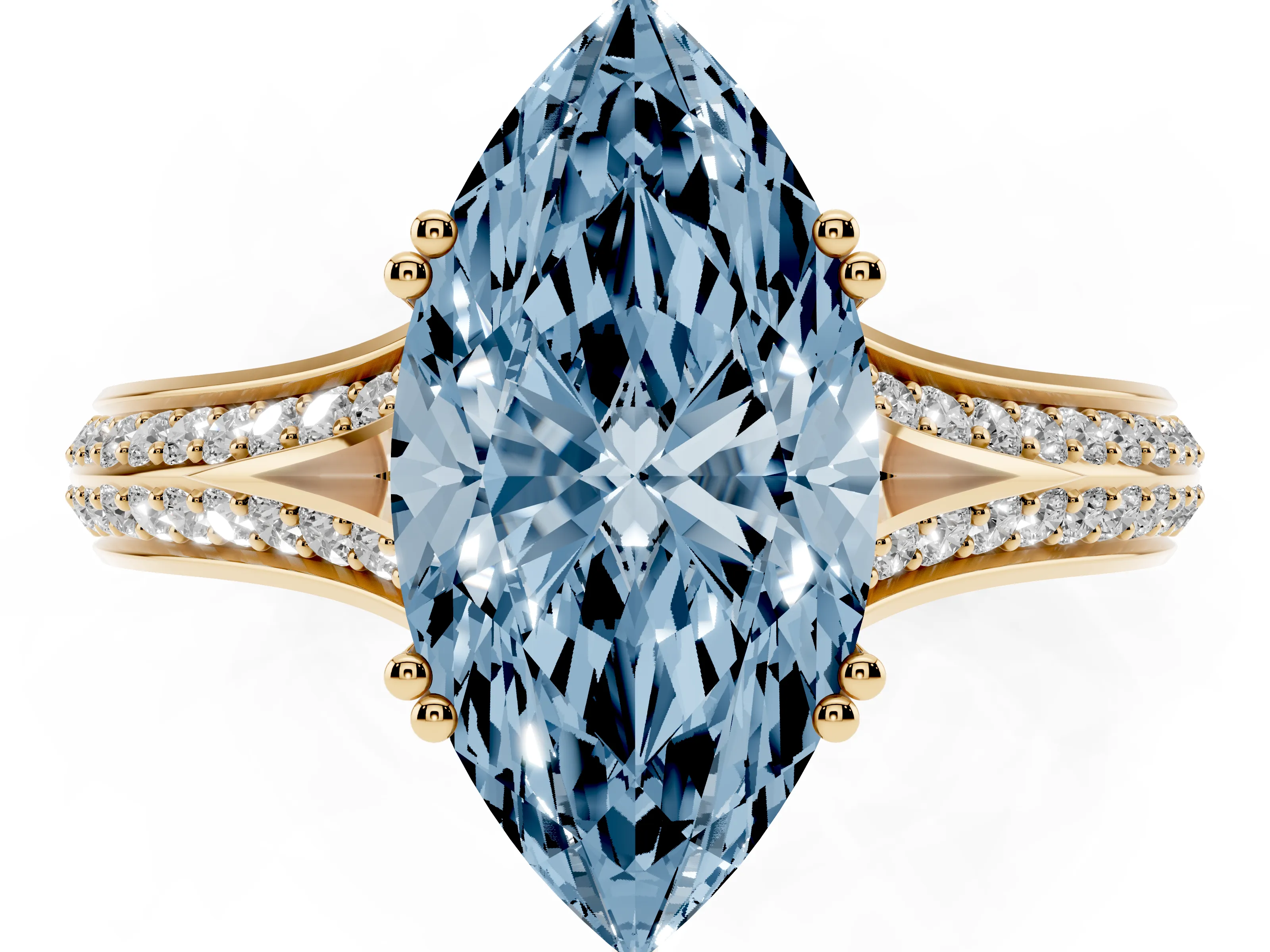 Fancy Blue Marquise Cut Diamond Split Shank Pavé Engagement Ring Set in Yellow gold with Prong-Set Center Stone