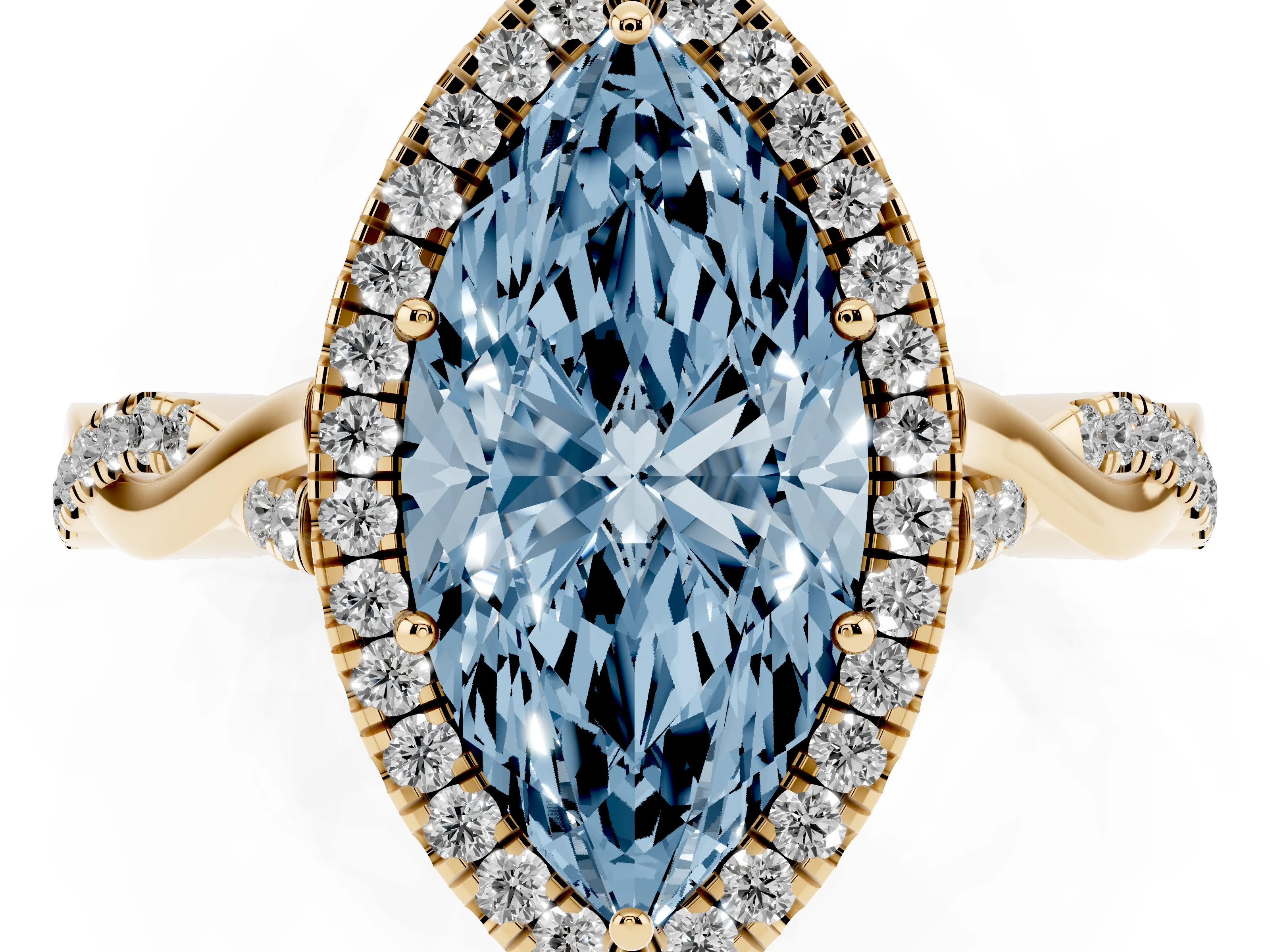 Fancy Blue Marquise Cut Diamond Halo Twist Band Solitaire Ring Set in Yellow gold with Prong Setting