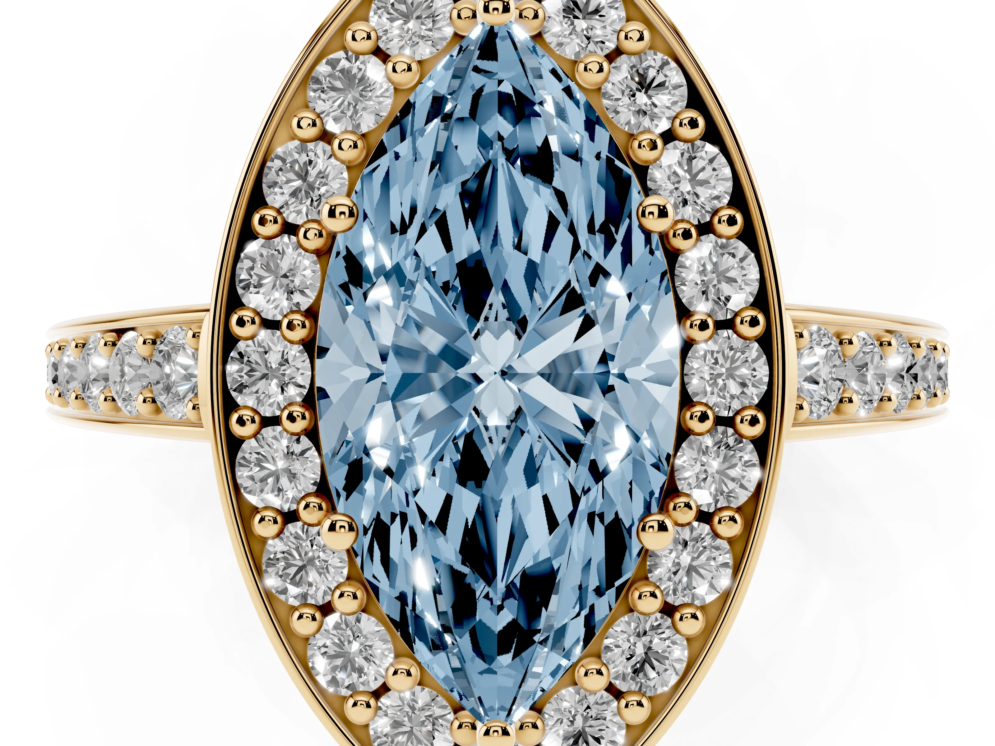 Fancy Blue Marquise Cut Diamond Halo Pavé Engagement Ring Set in Yellow gold with Bezel Setting