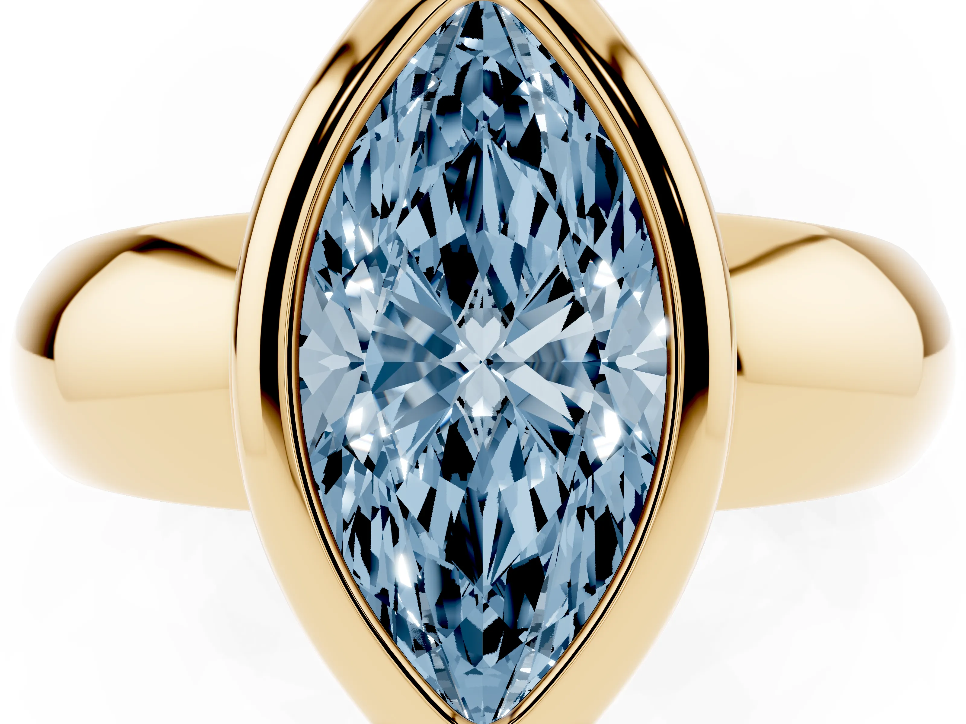 Fancy Blue Bezel Set Marquise Cut Diamond Solitaire Ring Set in Yellow gold with Wide Band