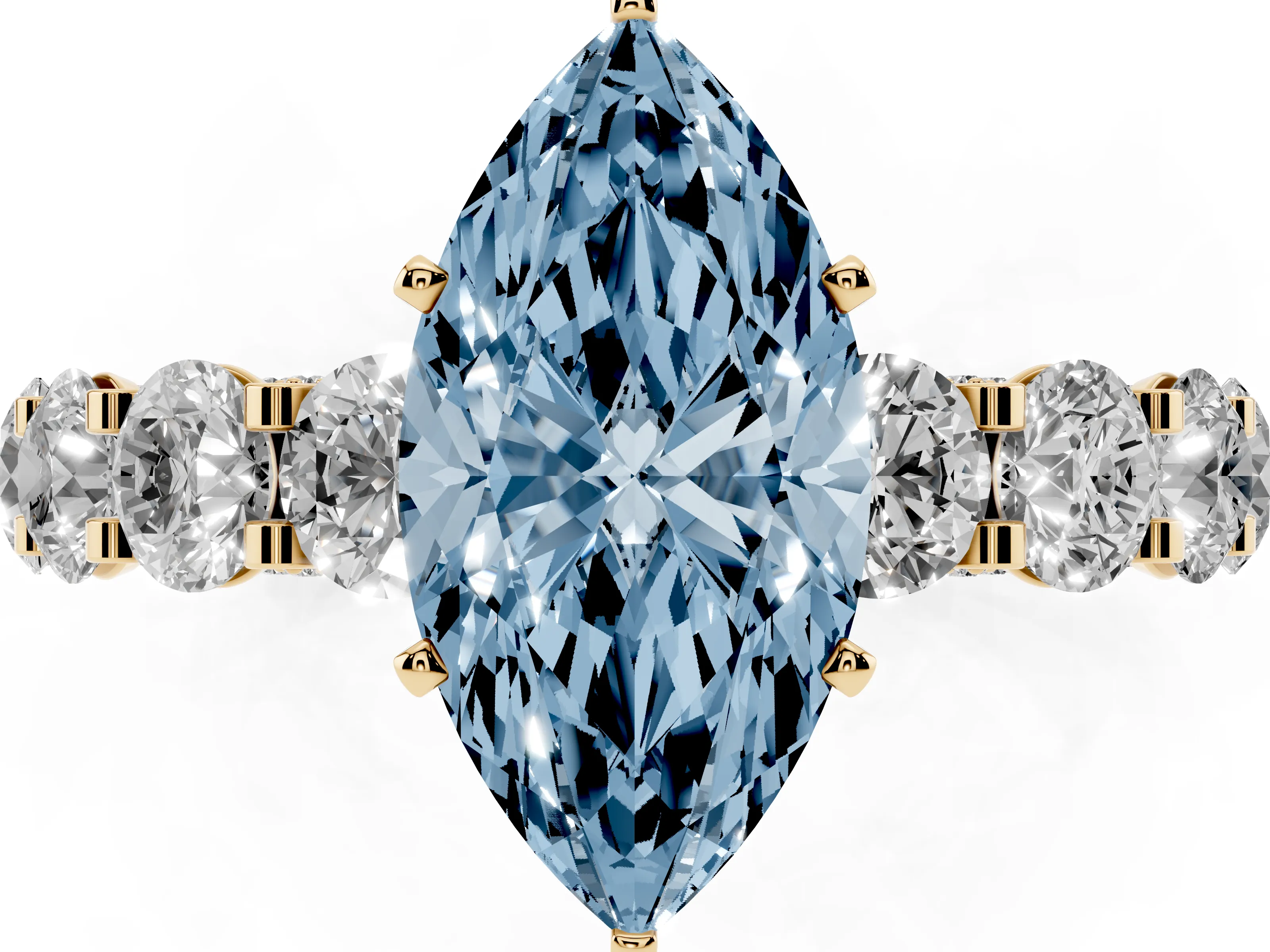 Fancy Blue Marquise Cut Diamond Side Stone Ring Set in Yellow gold with Alternating Round and Oval Side Stones