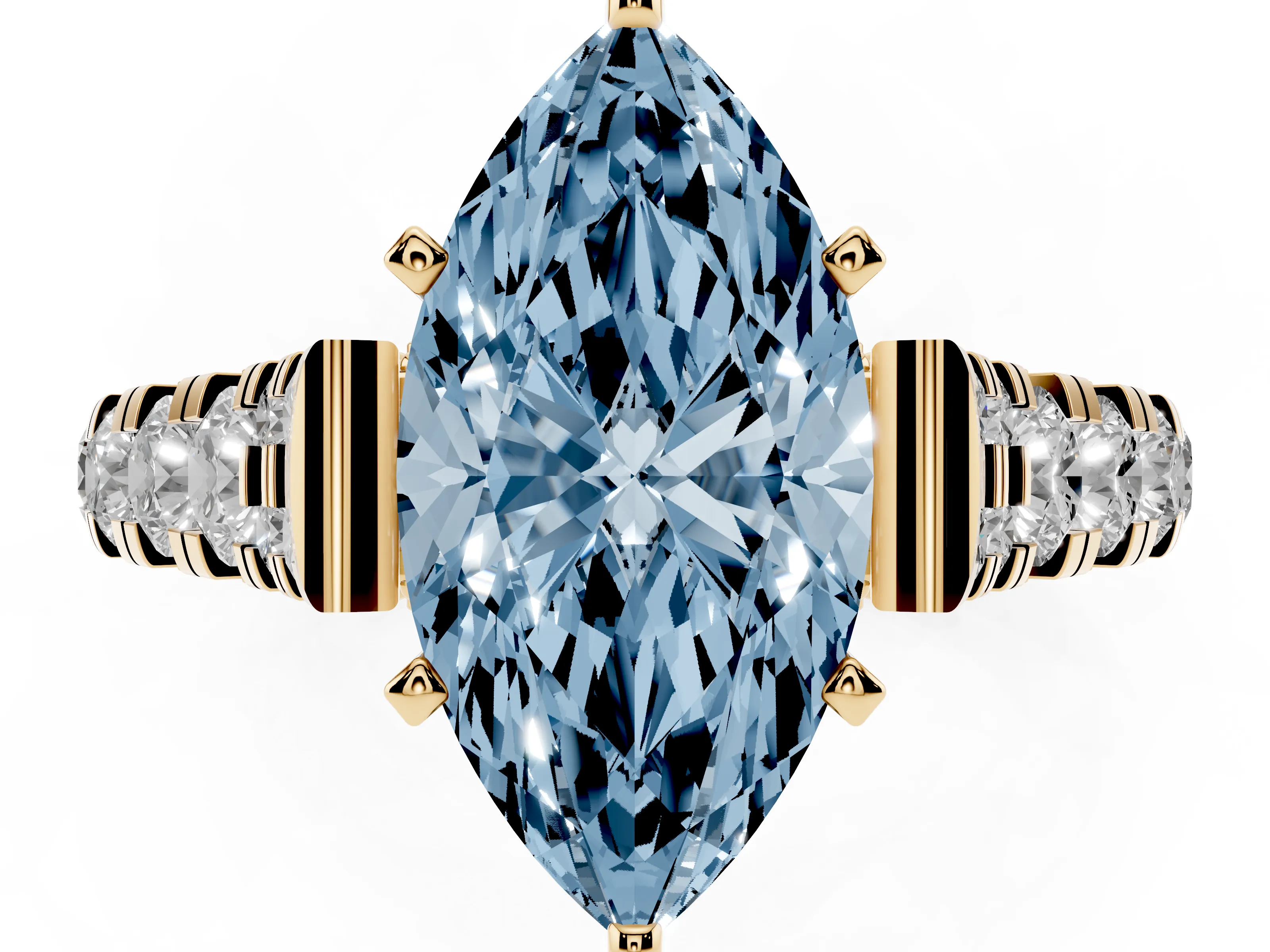 Fancy Blue Marquise Cut Diamond Classic Solitaire Ring Set in Yellow gold with Pavé Band and Prong Setting
