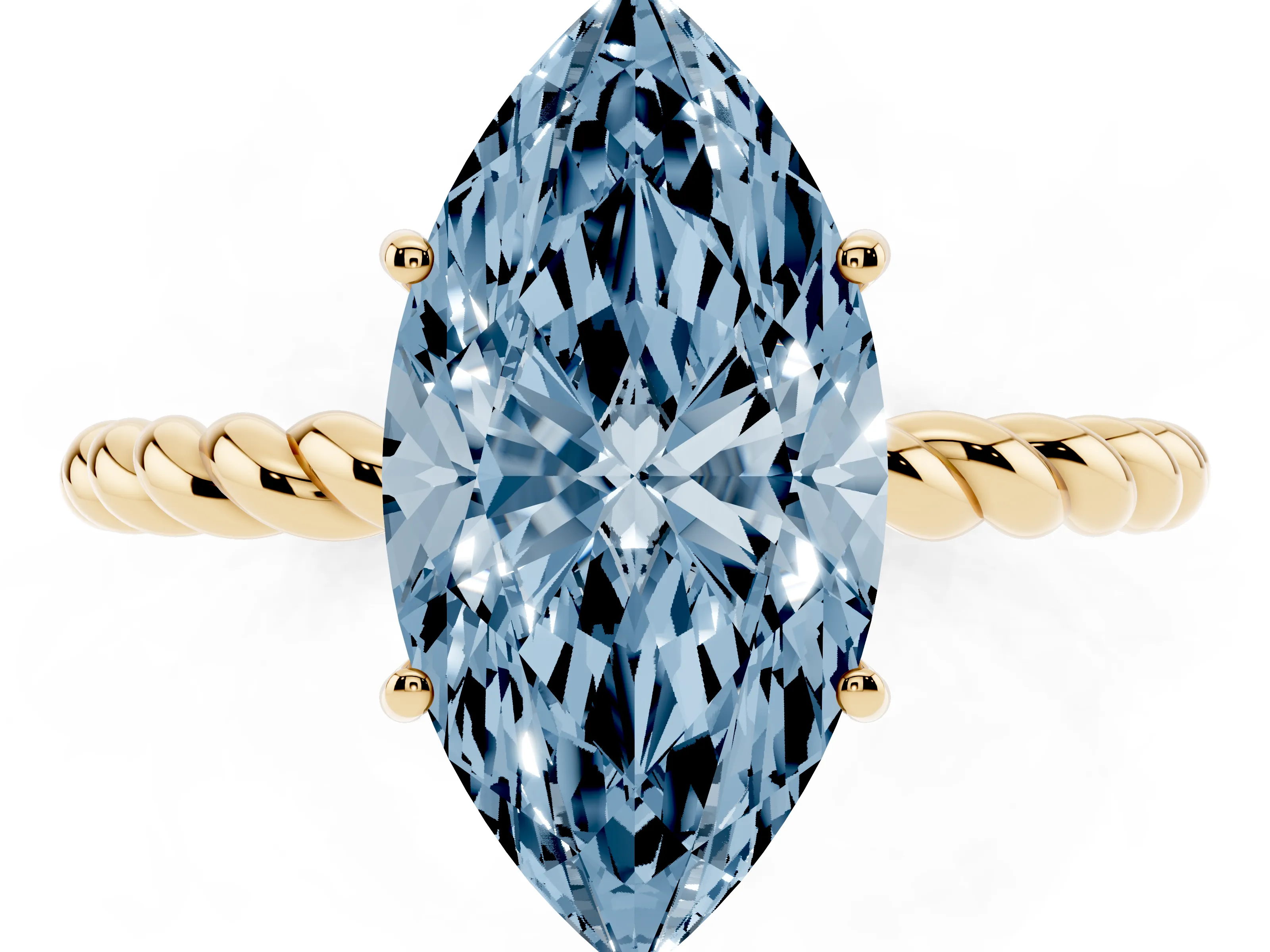 Fancy Blue Marquise Cut Diamond Solitaire Ring Set in Yellow gold with Twist Band and Prong Setting