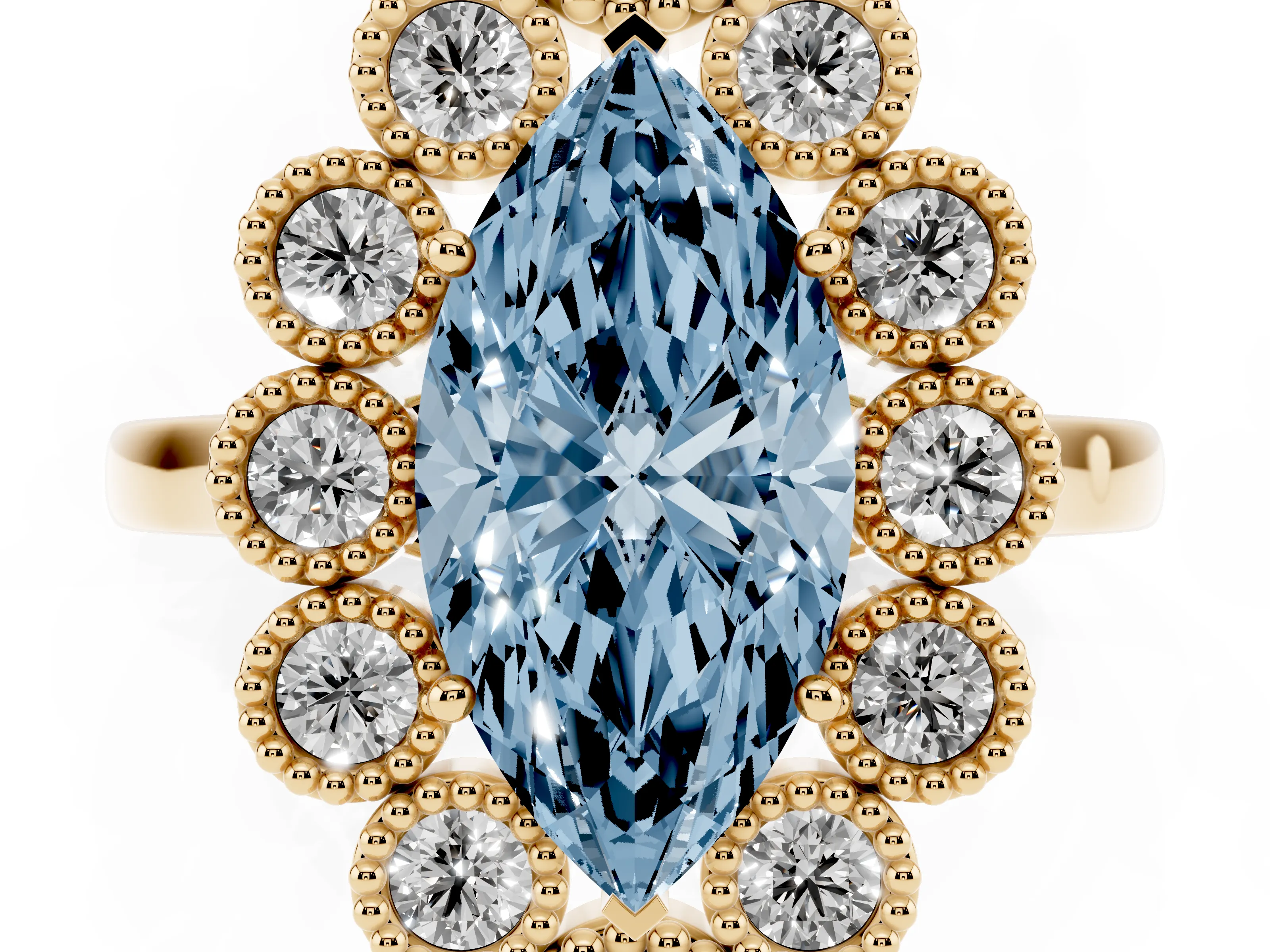 Fancy Blue Marquise Cut Diamond Cluster Halo Ring Set in Yellow gold with Milgrain Bezel Accents and Plain Band