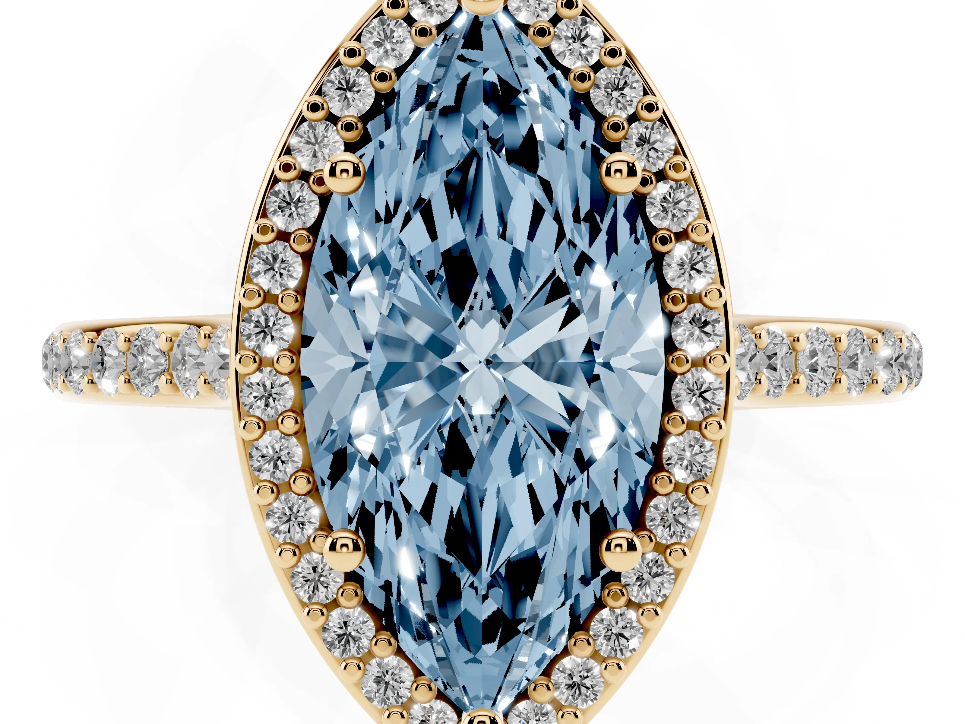 Fancy Blue Marquise Cut Diamond Halo Engagement Ring Set in Yellow gold with Round Pavé Shoulders and Heart Gallery